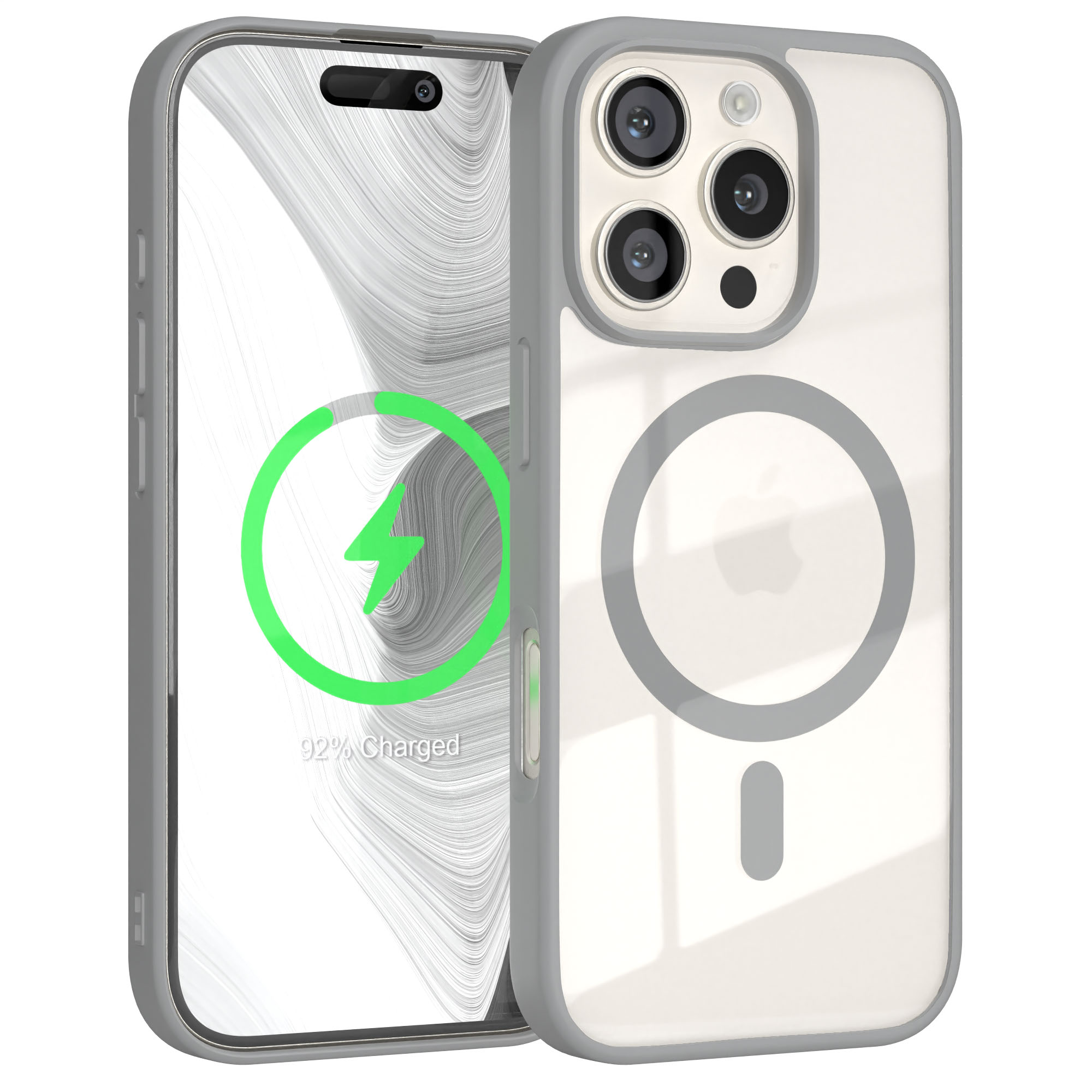 Handyhülle mit Lade-Grafik, grauem Rahmen und Apple-Logo.