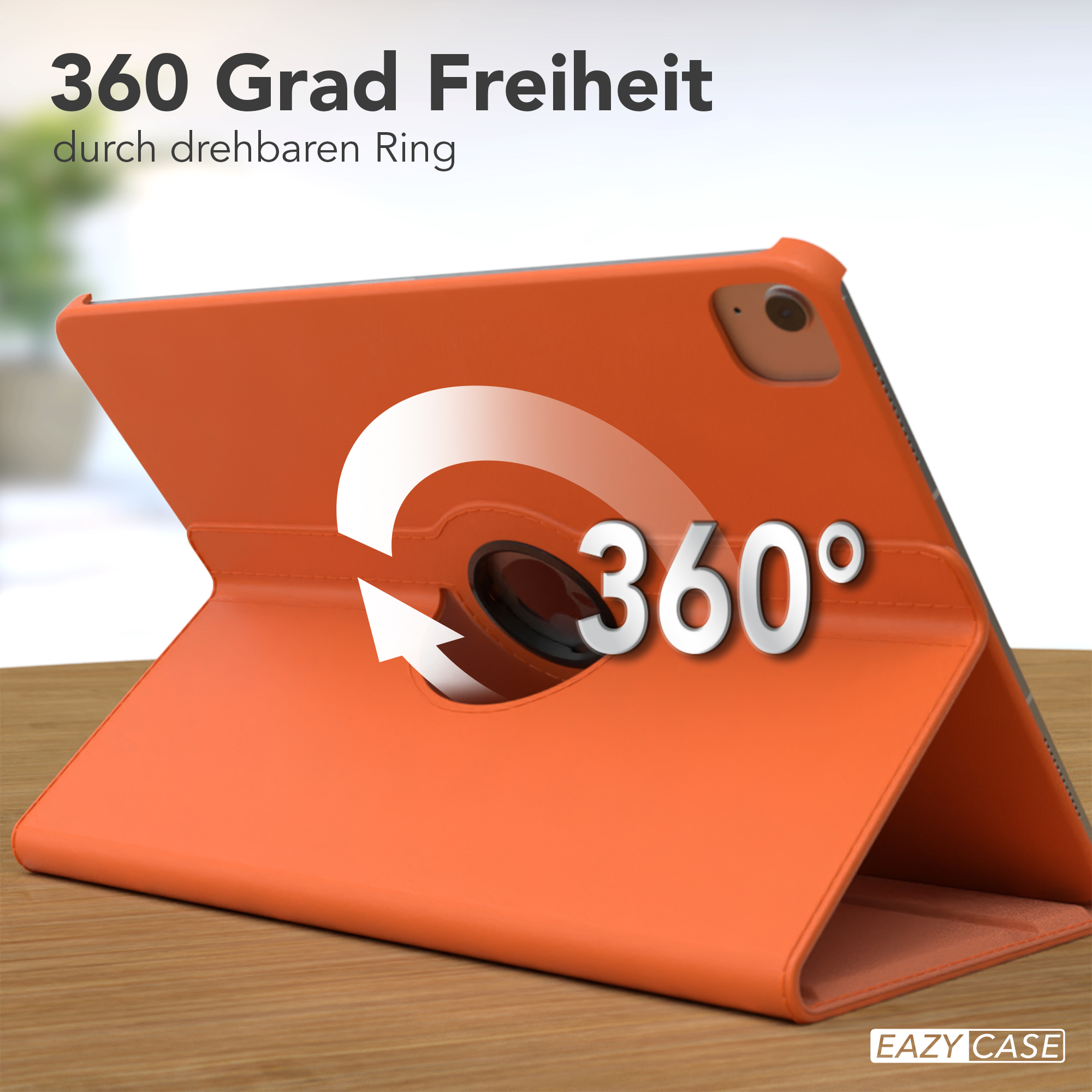 Orangene Tablethülle mit drehbarem Ring. Die Hülle befindet sich auf einer Holzoberfläche. Text zeigt den Drehwinkel.
