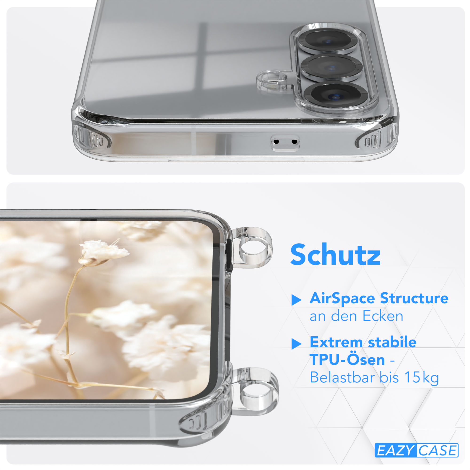 Eine transparente Handyhülle mit Telefon. Text auf Deutsch: Schutz.