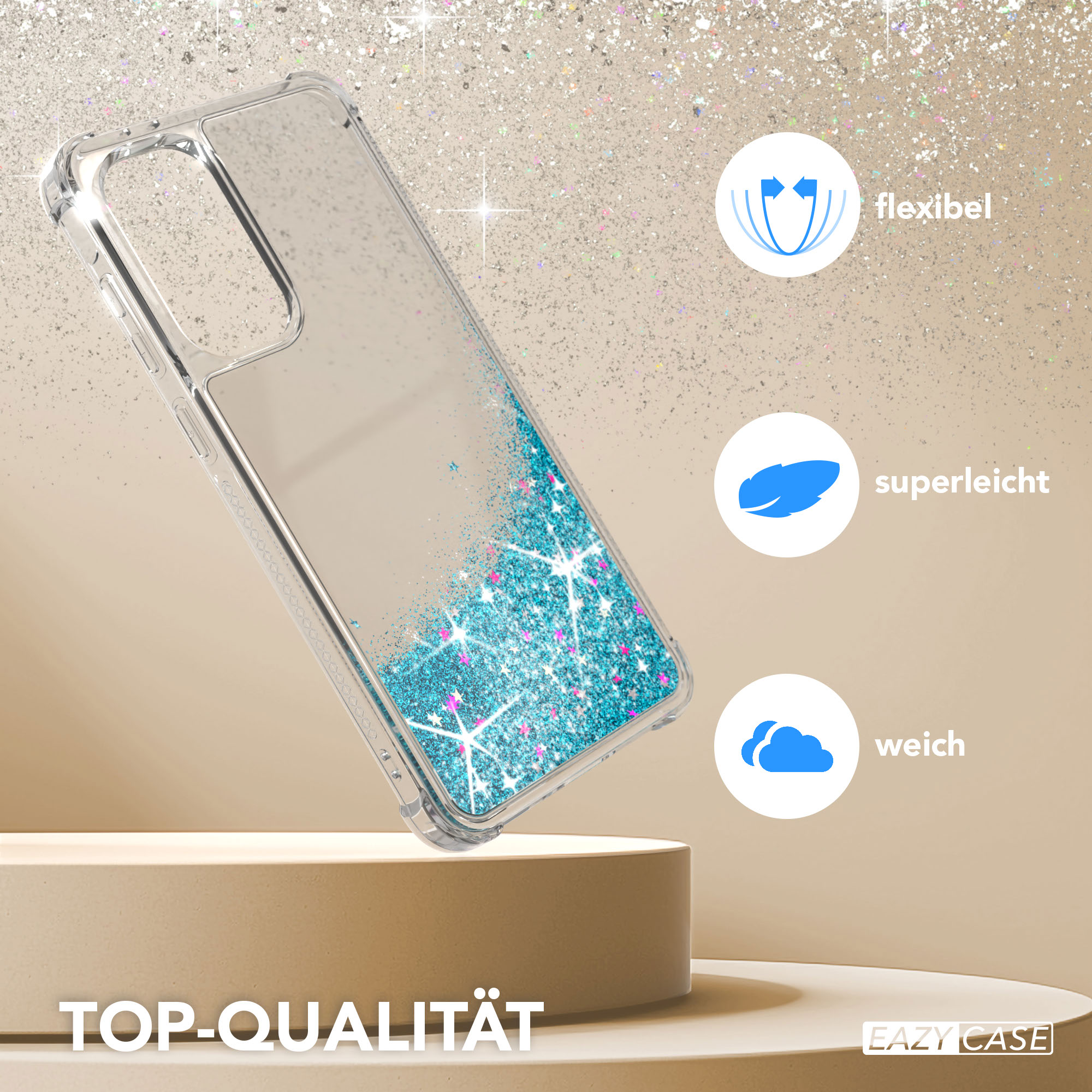 Transparente Handyhülle mit blauem Glitzerflüssigkeit, auf Sockel. Text: TOP-QUALITÄT.