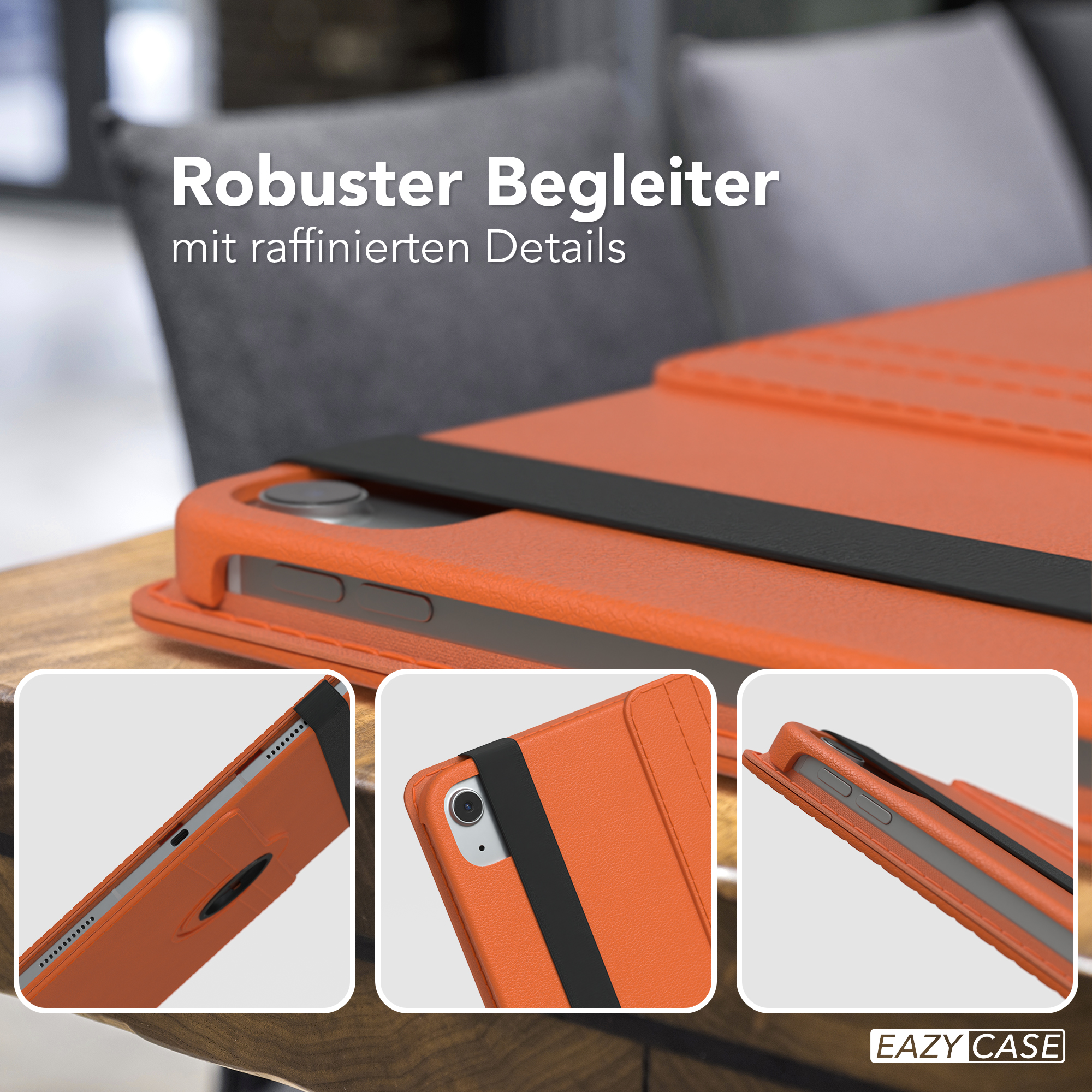 Orangefarbene Tablethülle mit schwarzem Riemen. Es gibt drei inset Bilder der Hülle.