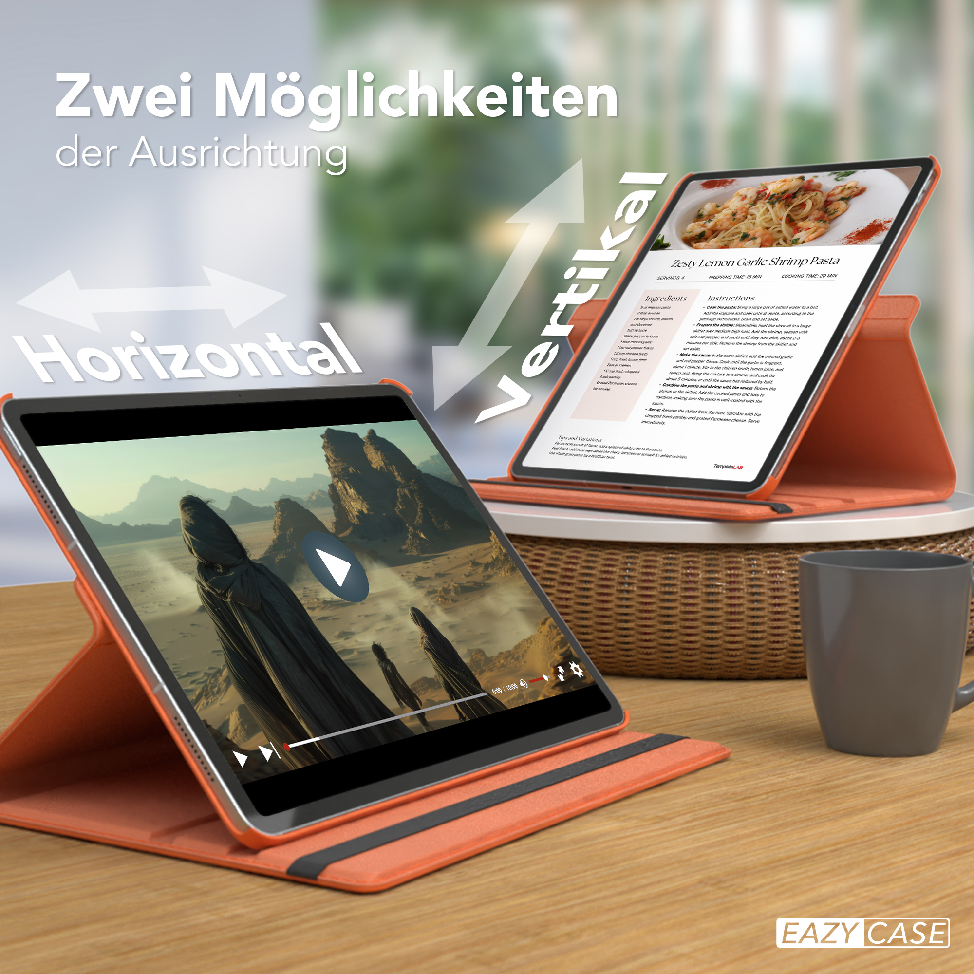 Tablets in horizontaler und vertikaler Position. Eines zeigt ein Video, das andere ein Rezept.
