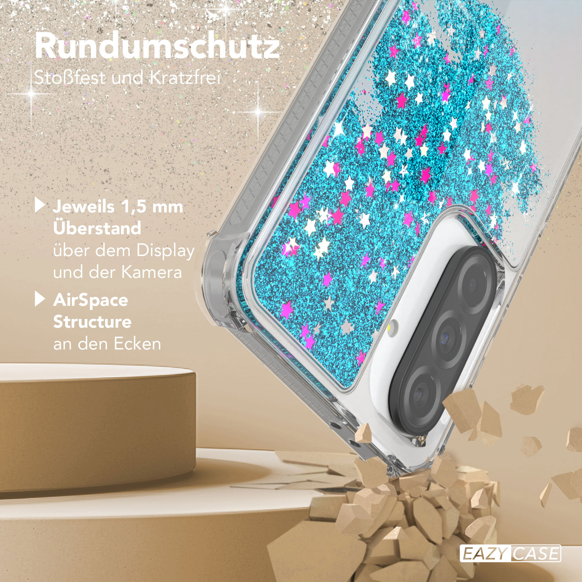 Handyhülle mit Glitzer und Sternen, zerbrochene Oberfläche.