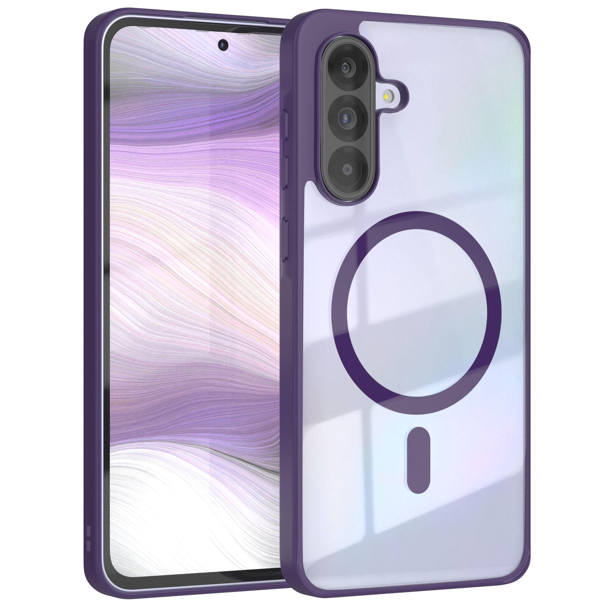 Lila Handyhülle. Transparente Rückseite mit lila Kreis und drei Kameras. Weißer Hintergrund.