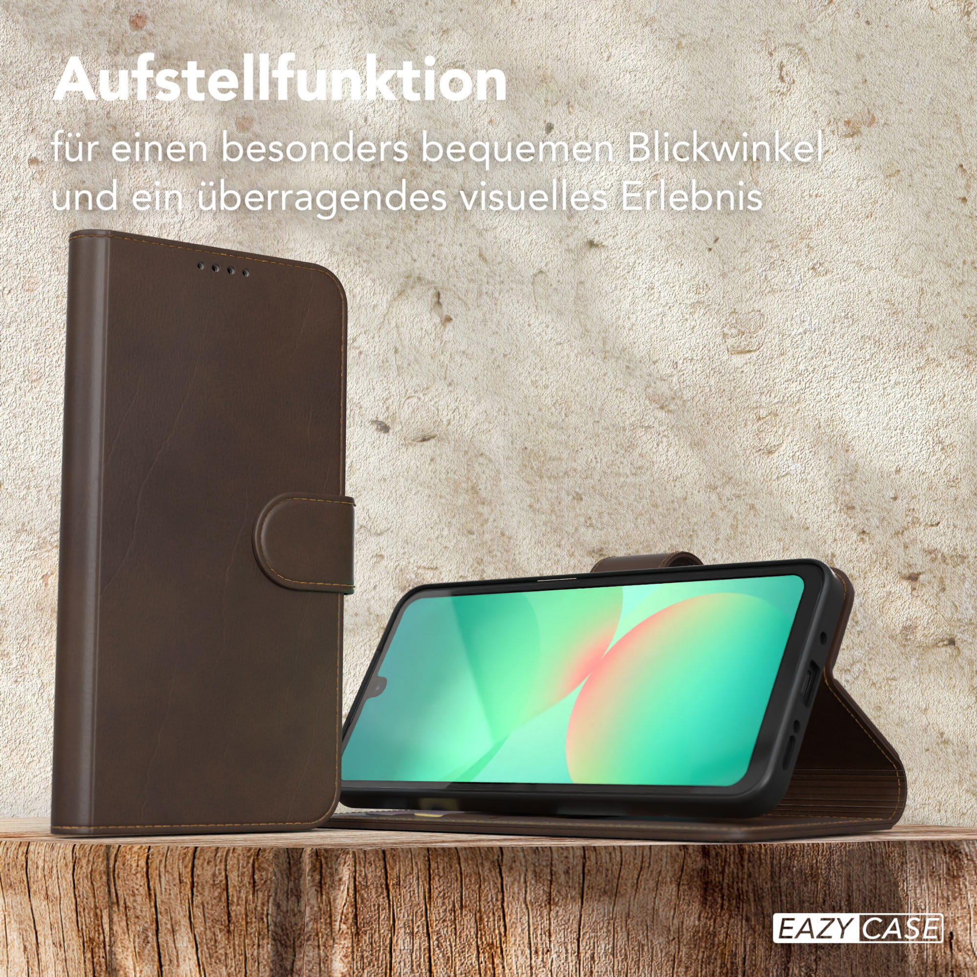 Braune Handyhülle geöffnet, zeigt das Telefon. Text gibt die Setup-Funktion an.