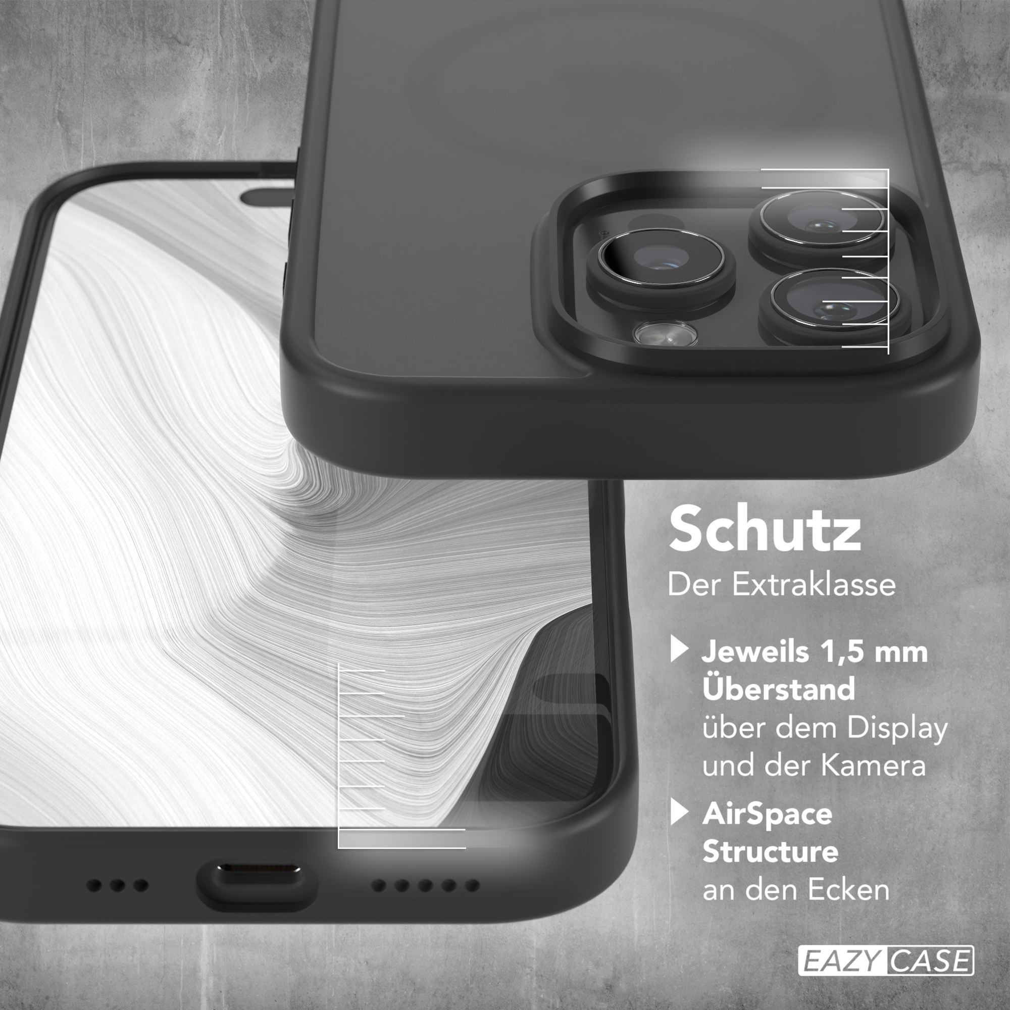 Eine schwarze Handyhülle mit freier Sicht auf das Telefon.