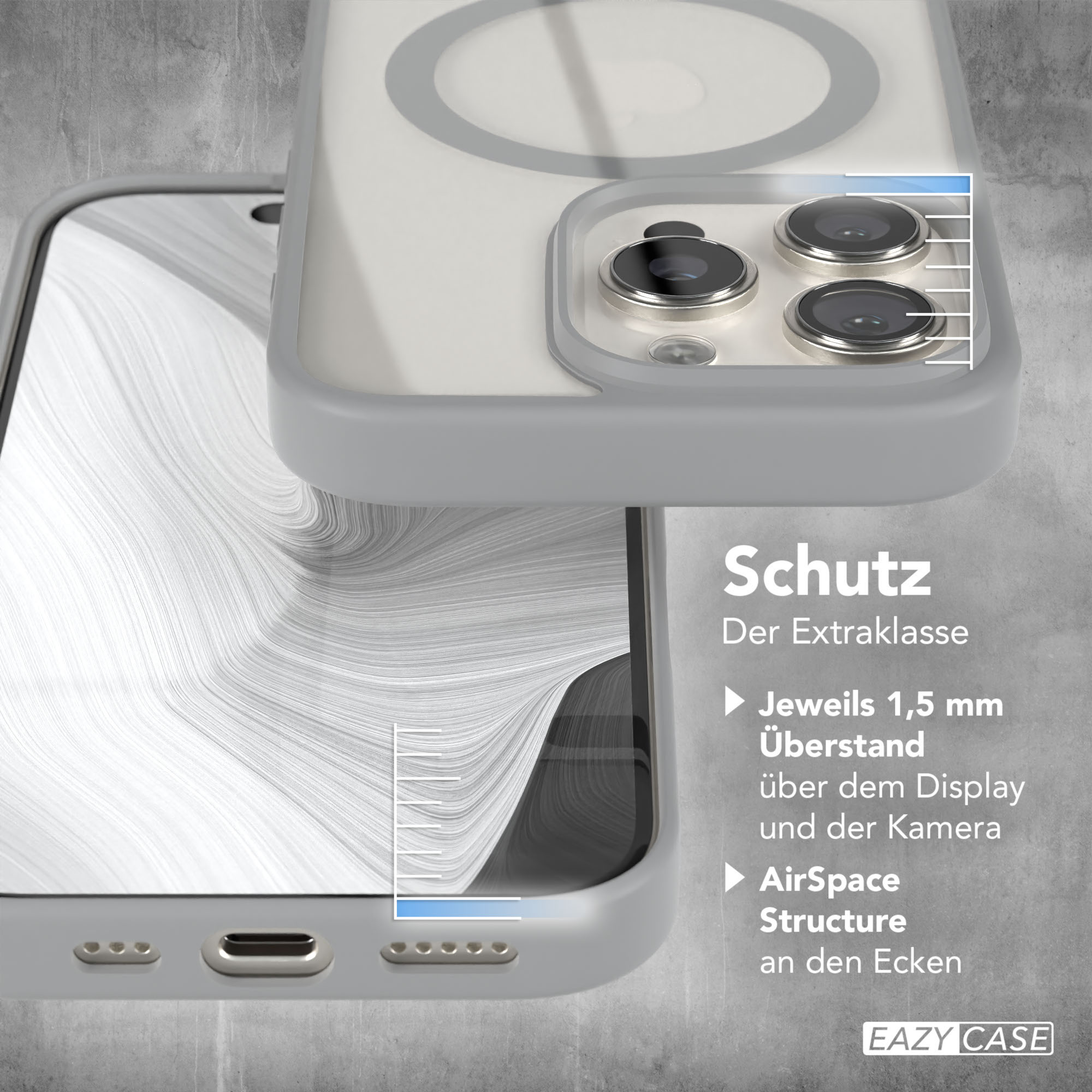 Eine Handyhülle in Grau, zeigt ein Handy mit Kamera und Bildschirm. Das Gehäuse schützt Display und Kamera.