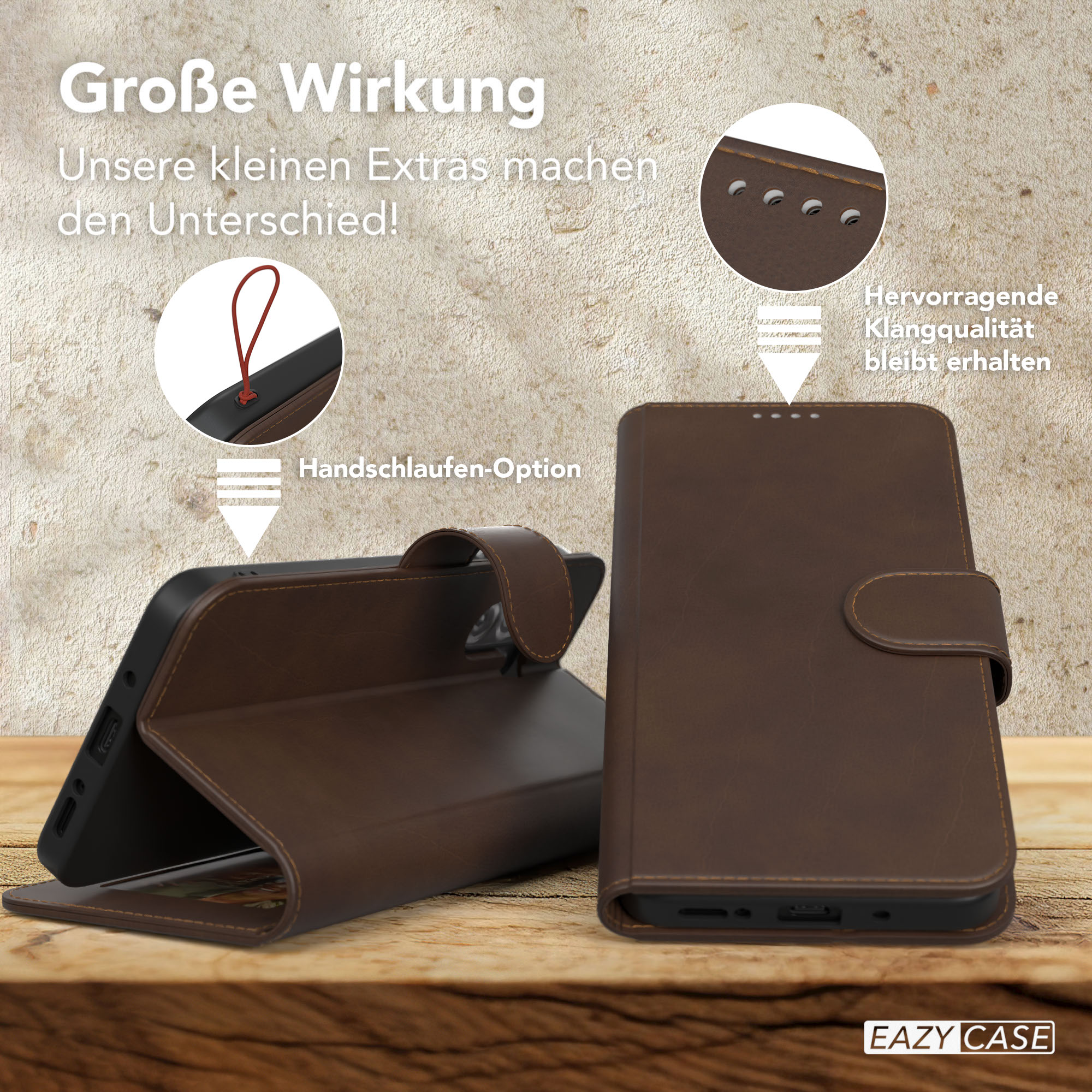 Eine braune Handyhülle, geöffnet, mit dem Telefon im Inneren. Text auf dem Bild.