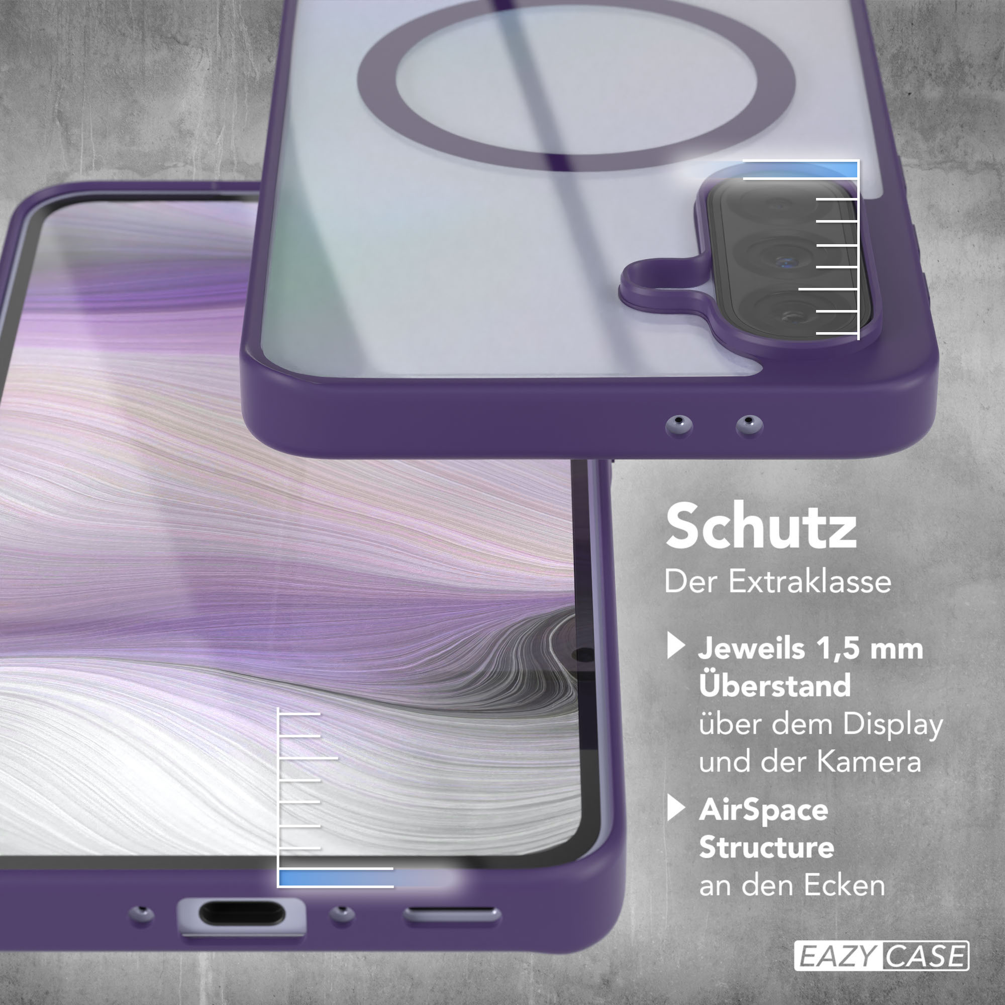 Lila Handyhülle mit Telefon, Nahaufnahme, Details der Kanten.