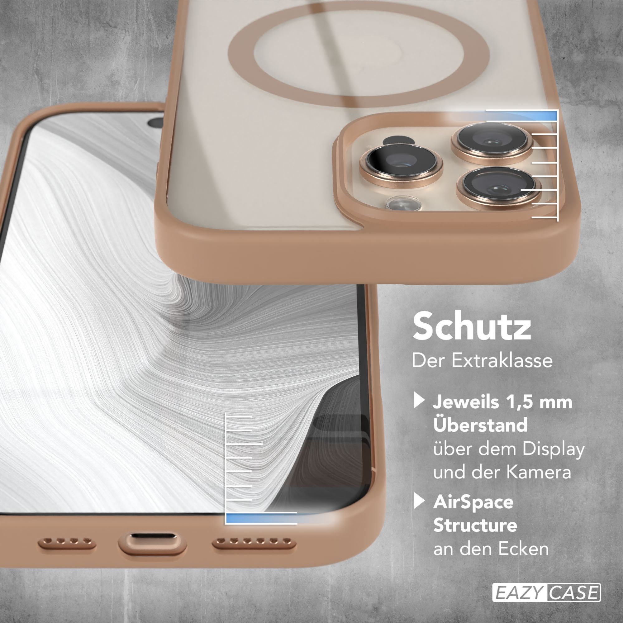 Nahaufnahme einer Handyhülle. Sie ist beige und braun. Text und Linien sind sichtbar.