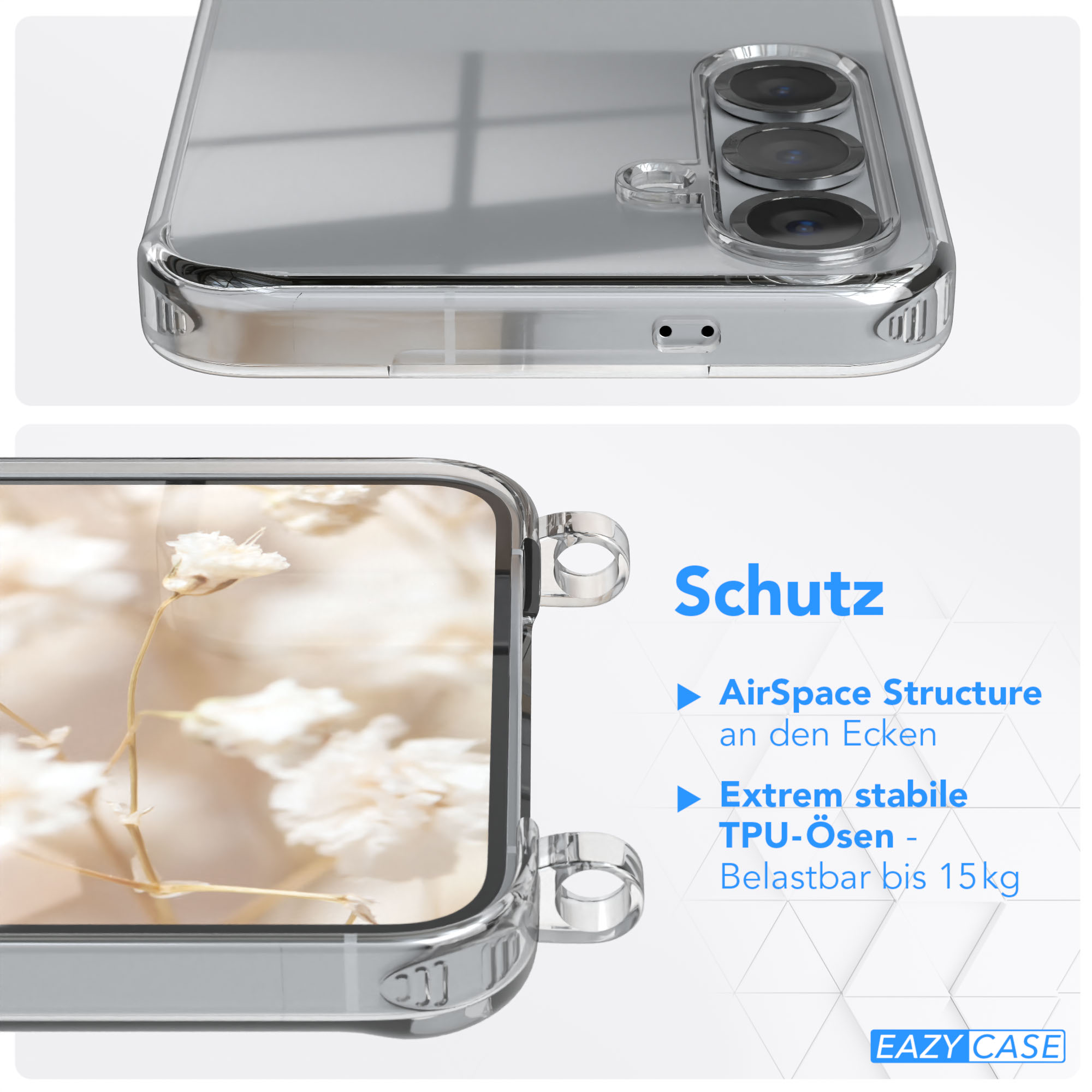 Transparente Handyhülle, die ein Telefon schützt. Weißer Hintergrund.