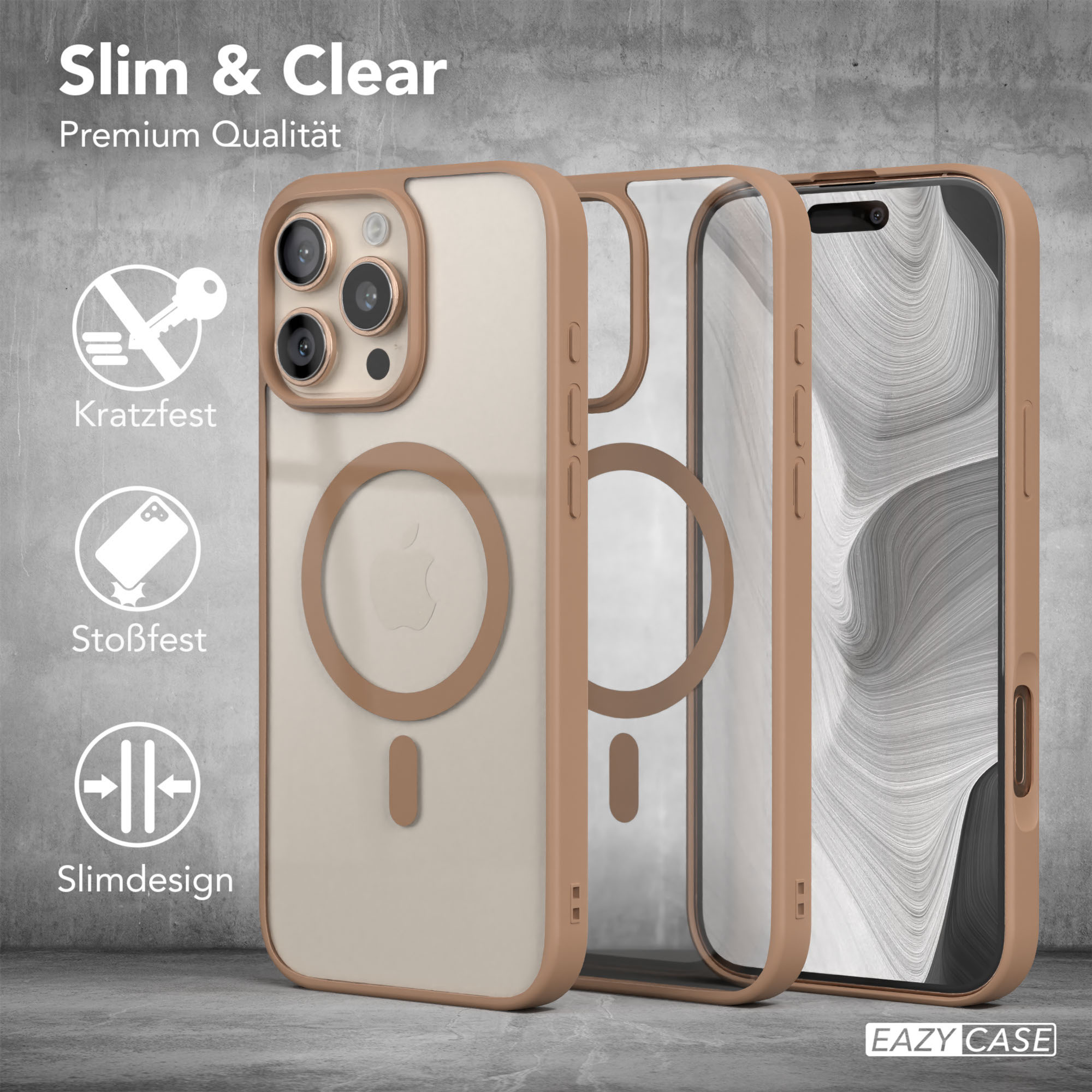 Handyhülle Design, transparent und beige. Handyhüllen Teile und Apple Logo sind sichtbar.