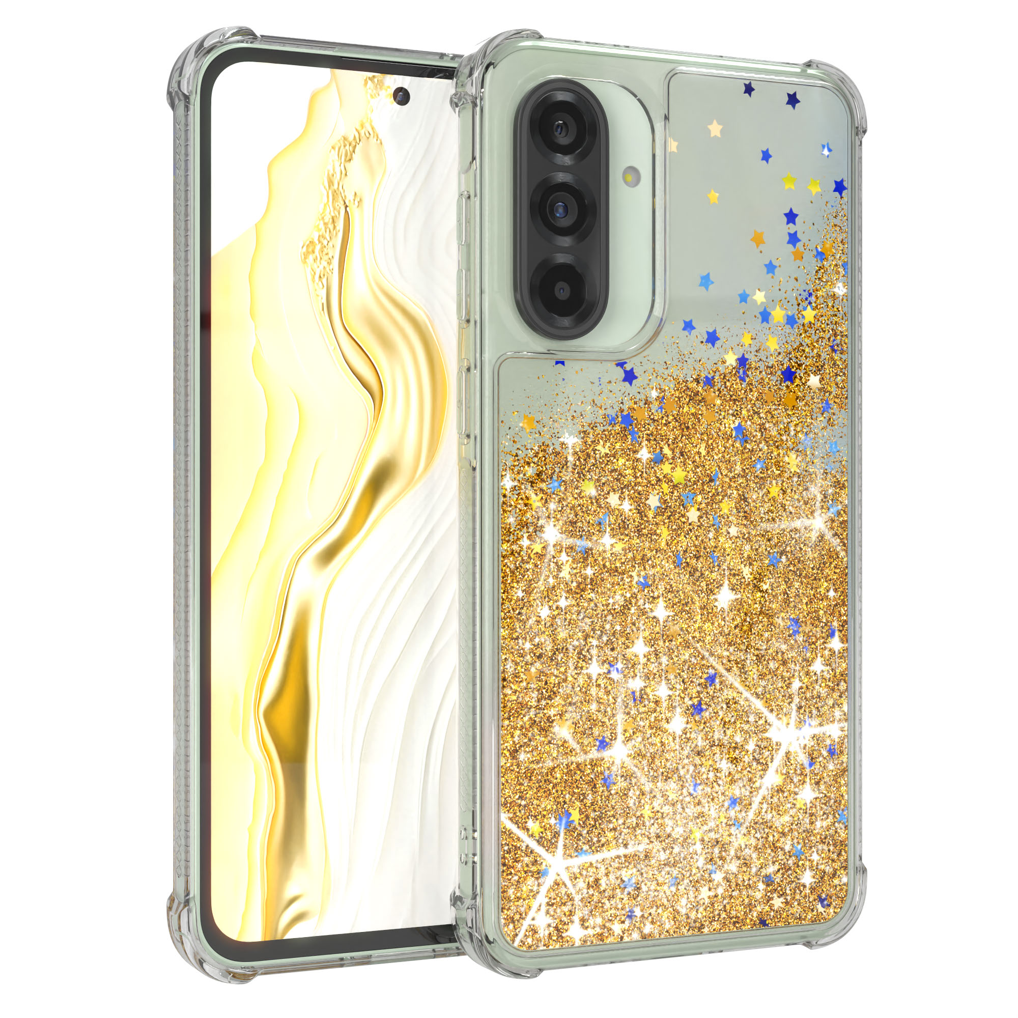 Transparente Handyhülle mit goldenem Glitzer. Die Hülle befindet sich auf einem Telefon. Goldene Sterne.