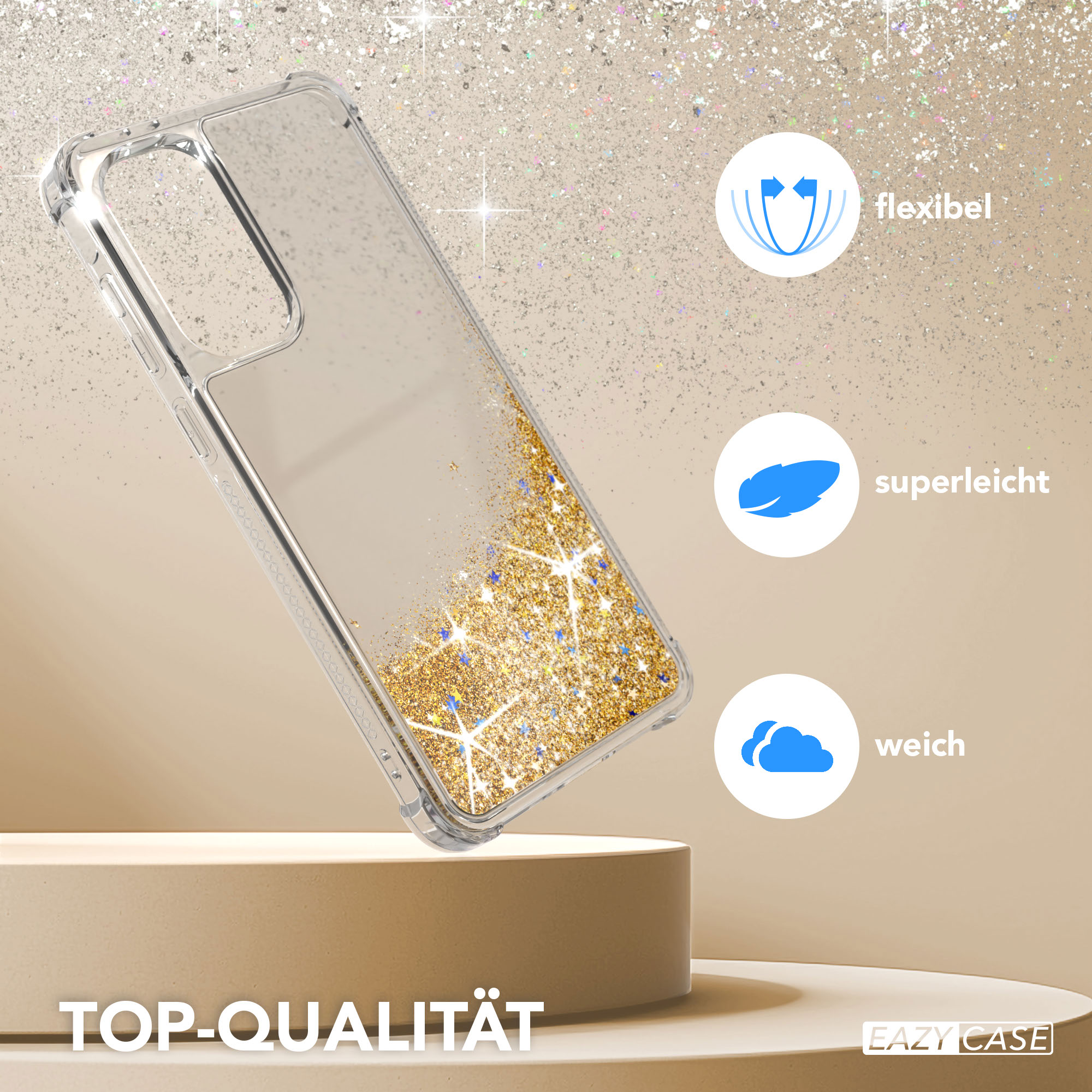 Transparente Handyhülle mit Goldglitter, drei Icons: flexibel, leicht, weich.