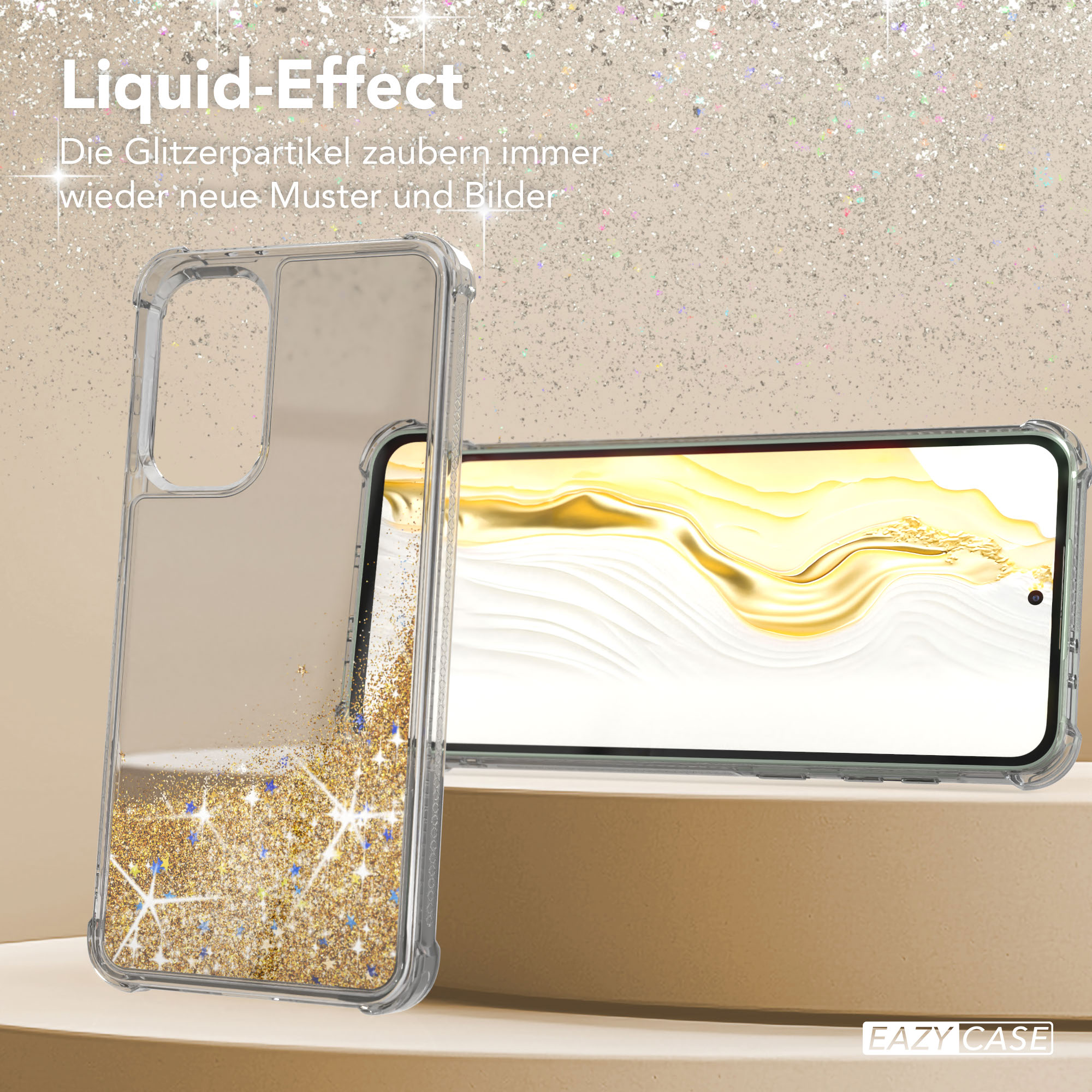 Transparente Handyhülle mit Glitzer, Telefon im Inneren und goldfarbenen Glitzer.