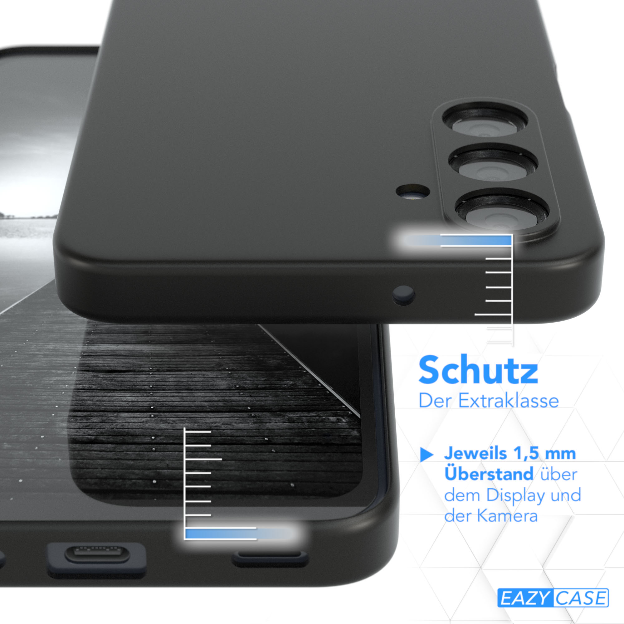 Nahaufnahme einer schwarzen Handyhülle, die Schutzfunktionen mit Messlinien zeigt.