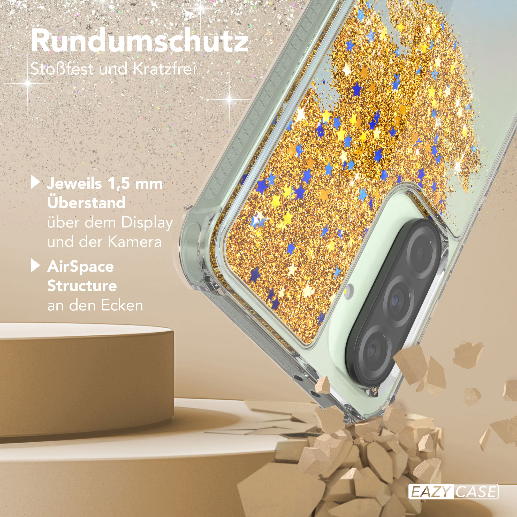 Handyhülle mit Glitzerdesign über einem Telefon mit Text.