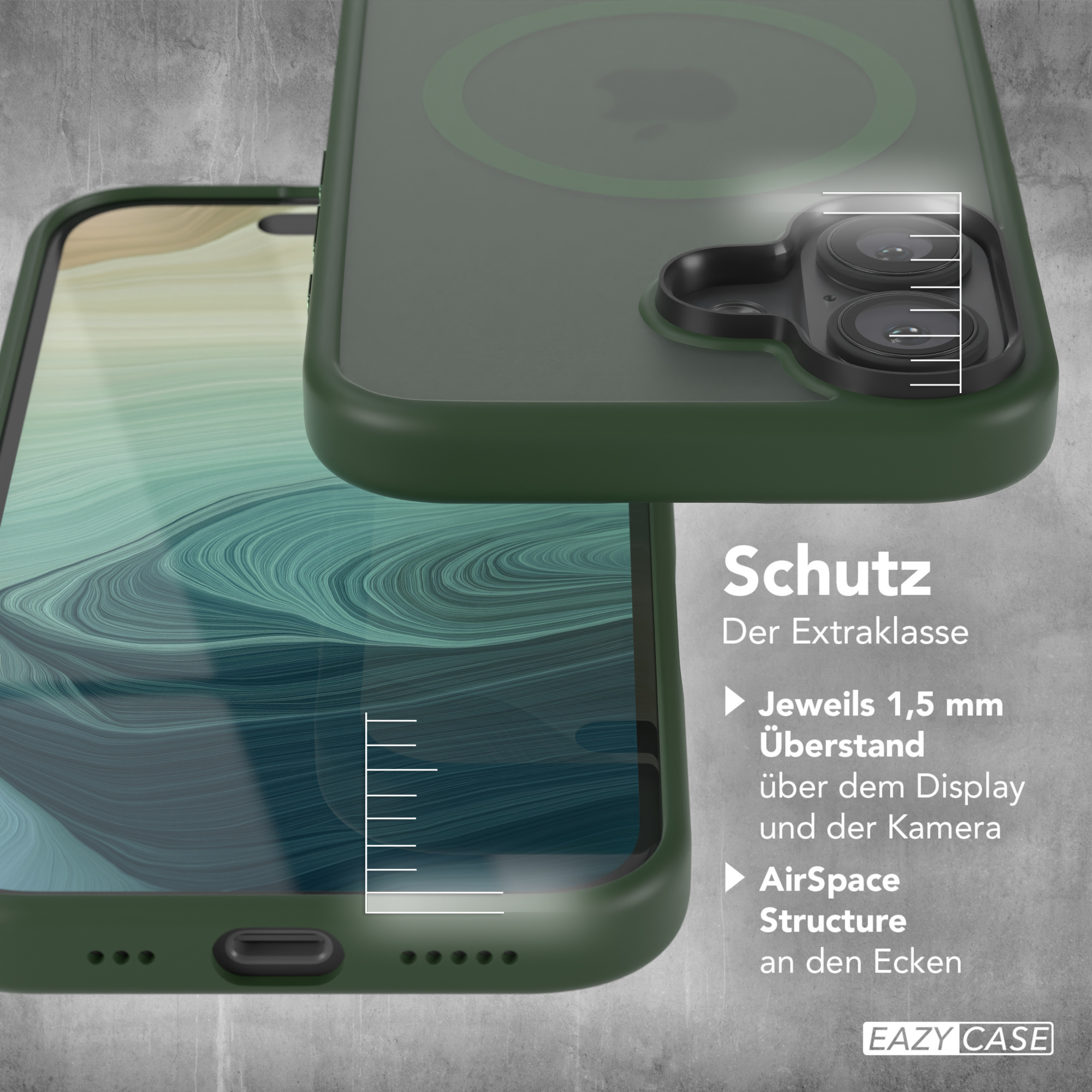 Nahaufnahme einer Handyhülle, die grün ist, mit dem Text 