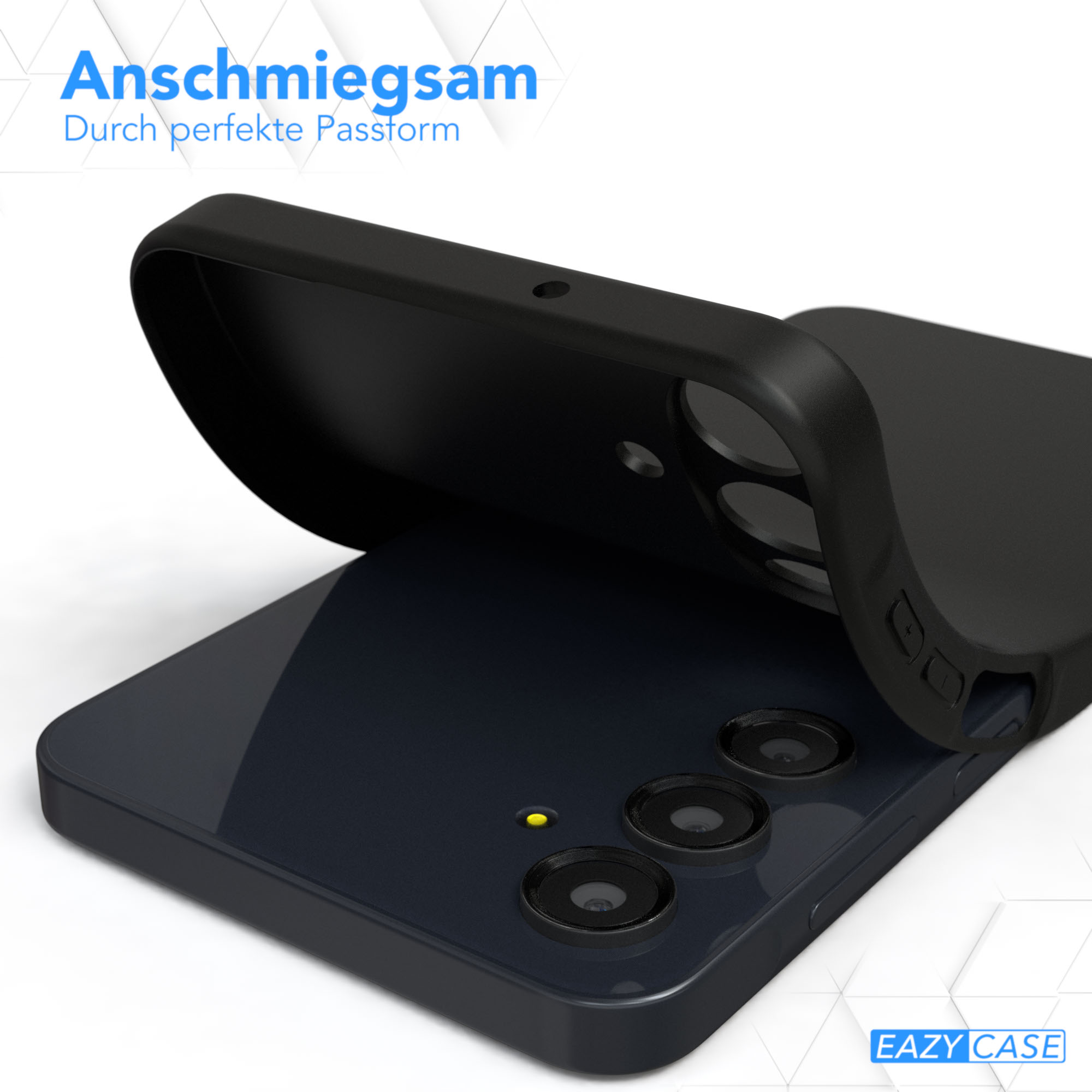 Schwarze Handyhülle wird geöffnet, um das Telefon freizugeben. Die Hülle liegt auf einer blauen Oberfläche.