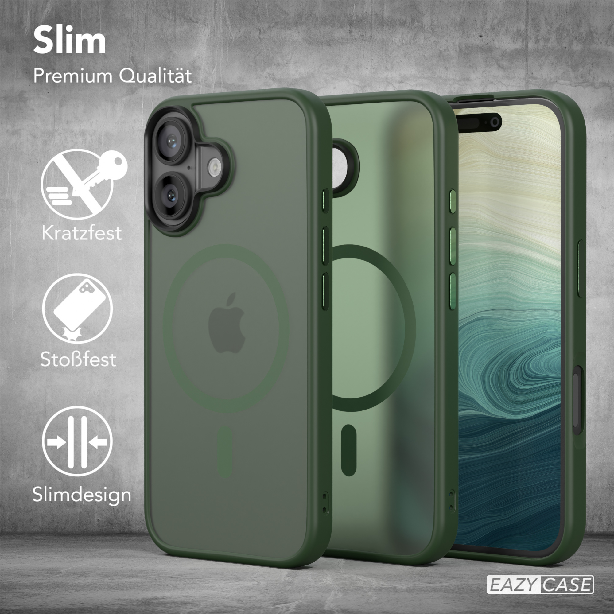 Grüne Handyhüllen mit Icons. Die Hüllen haben ein Apple-Logo. Der Hintergrund ist grau.
