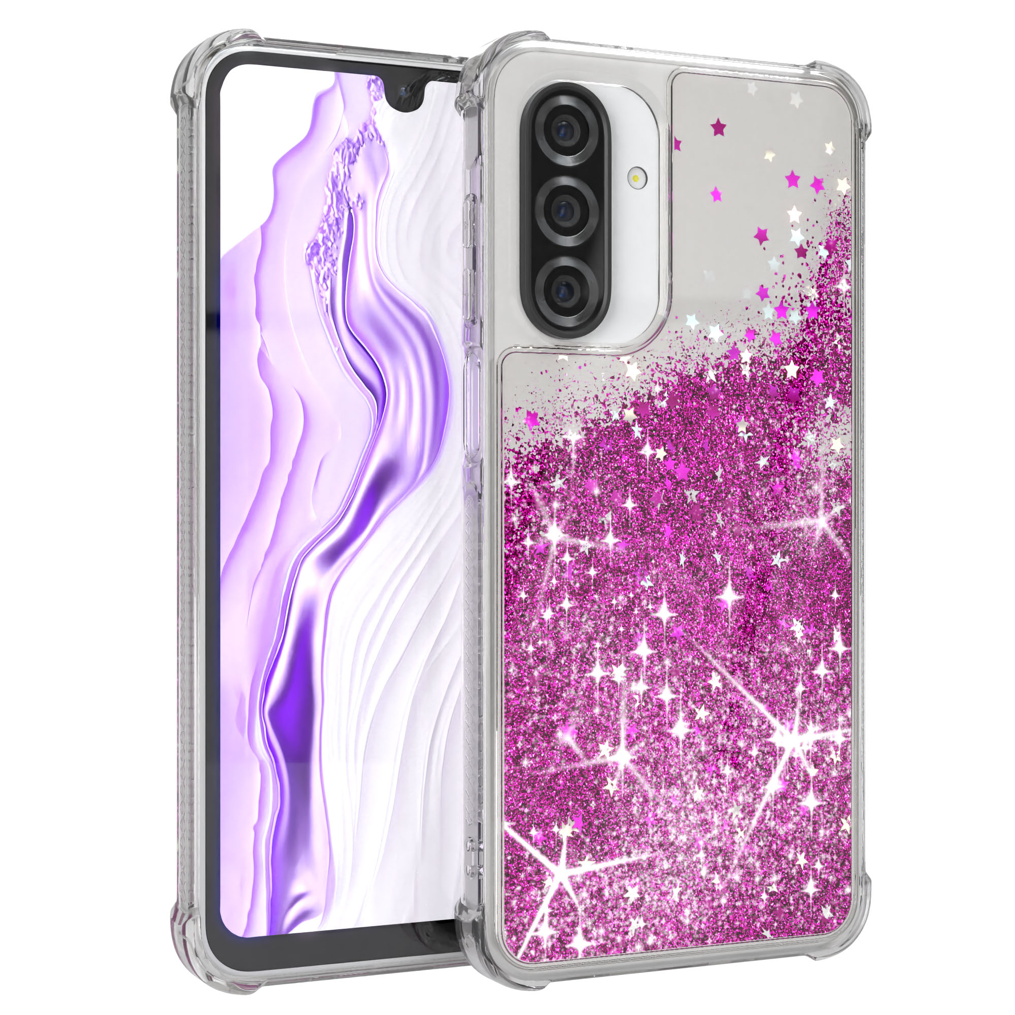 Transparente Handyhülle mit pinkfarbenem Glitzer und Sternen auf einem Telefon. Das Telefon ist links.