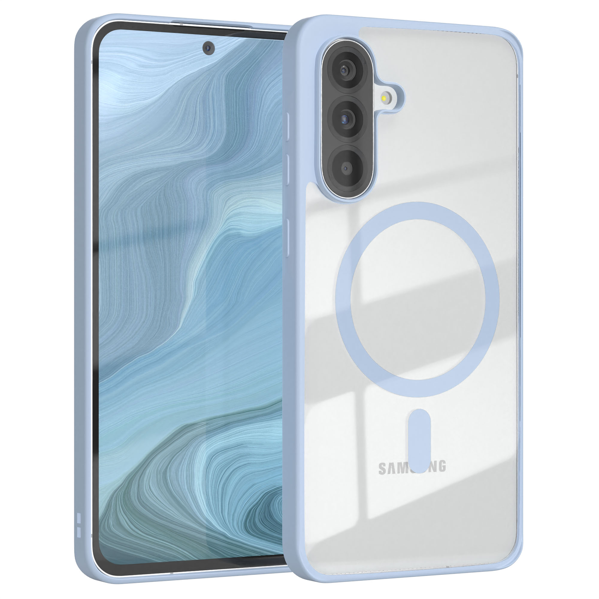 Eine hellblaue Handyhülle mit einem Telefon darin, auf hellblauem Hintergrund.