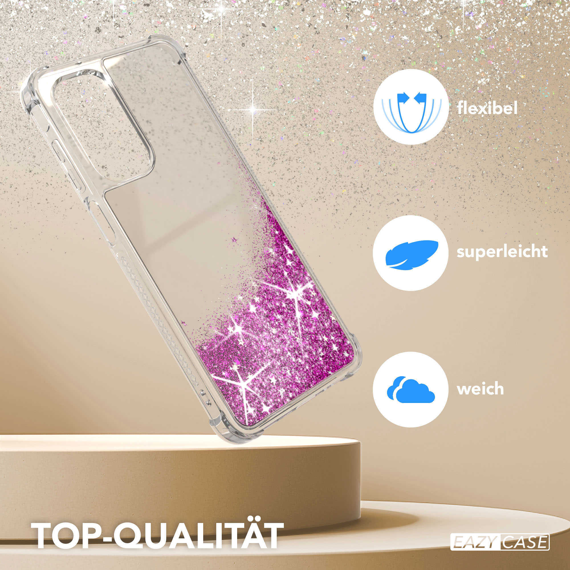Transparente Handyhülle mit rosa Glitzer, drei Symbolen und dem Text 'TOP-QUALITÄT'.