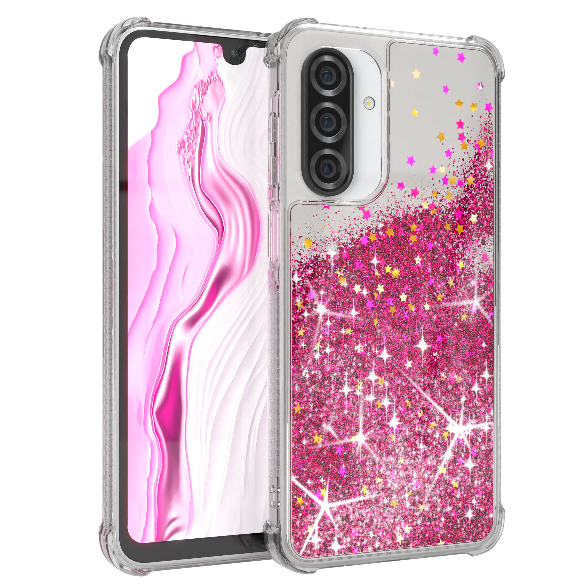 Telefon in klarer Hülle mit pinkfarbenem Glitzer und Sternen.