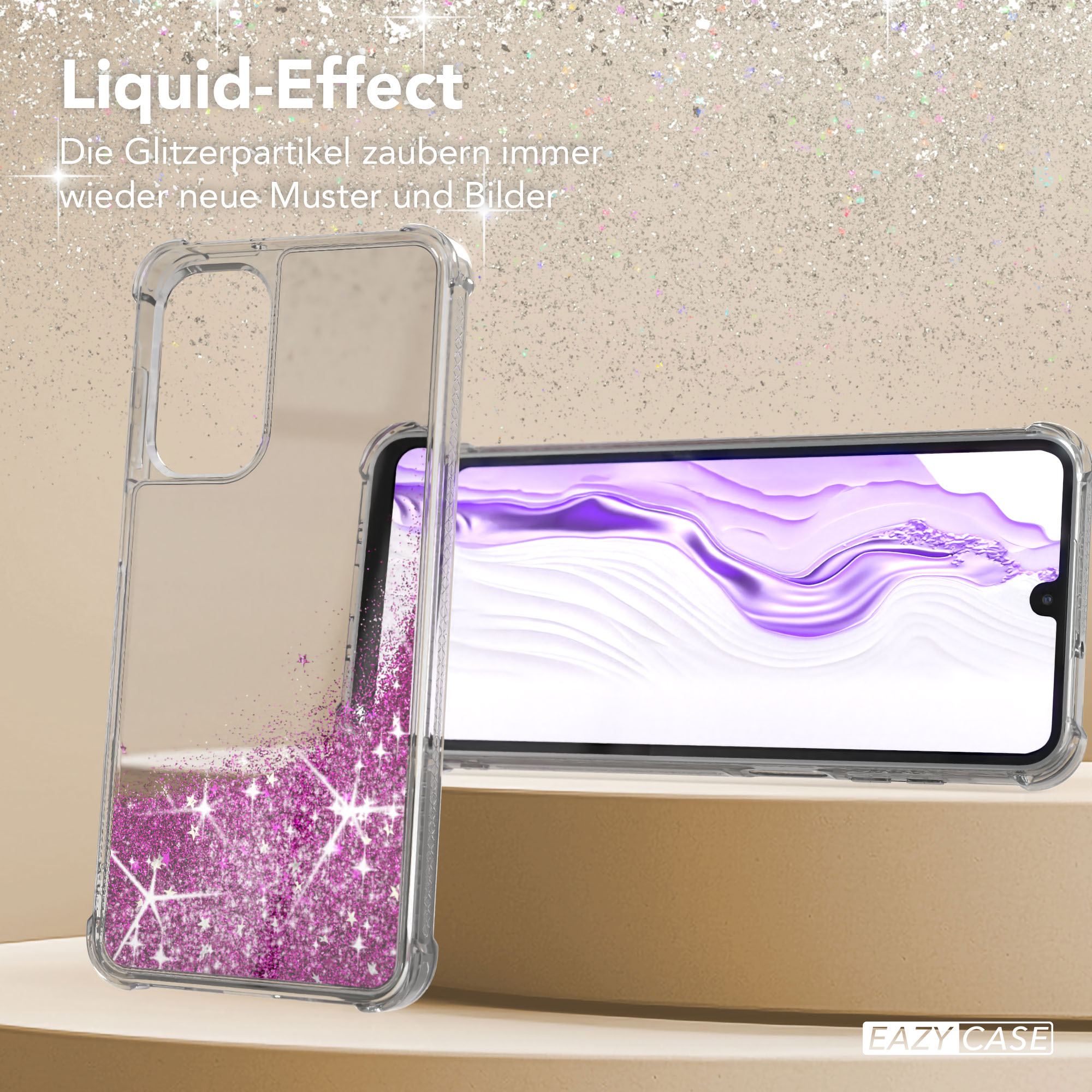 Transparente Handyhülle mit rosa Glitzer-Flüssigkeitseffekt, zeigt einen lila Telefonbildschirm.