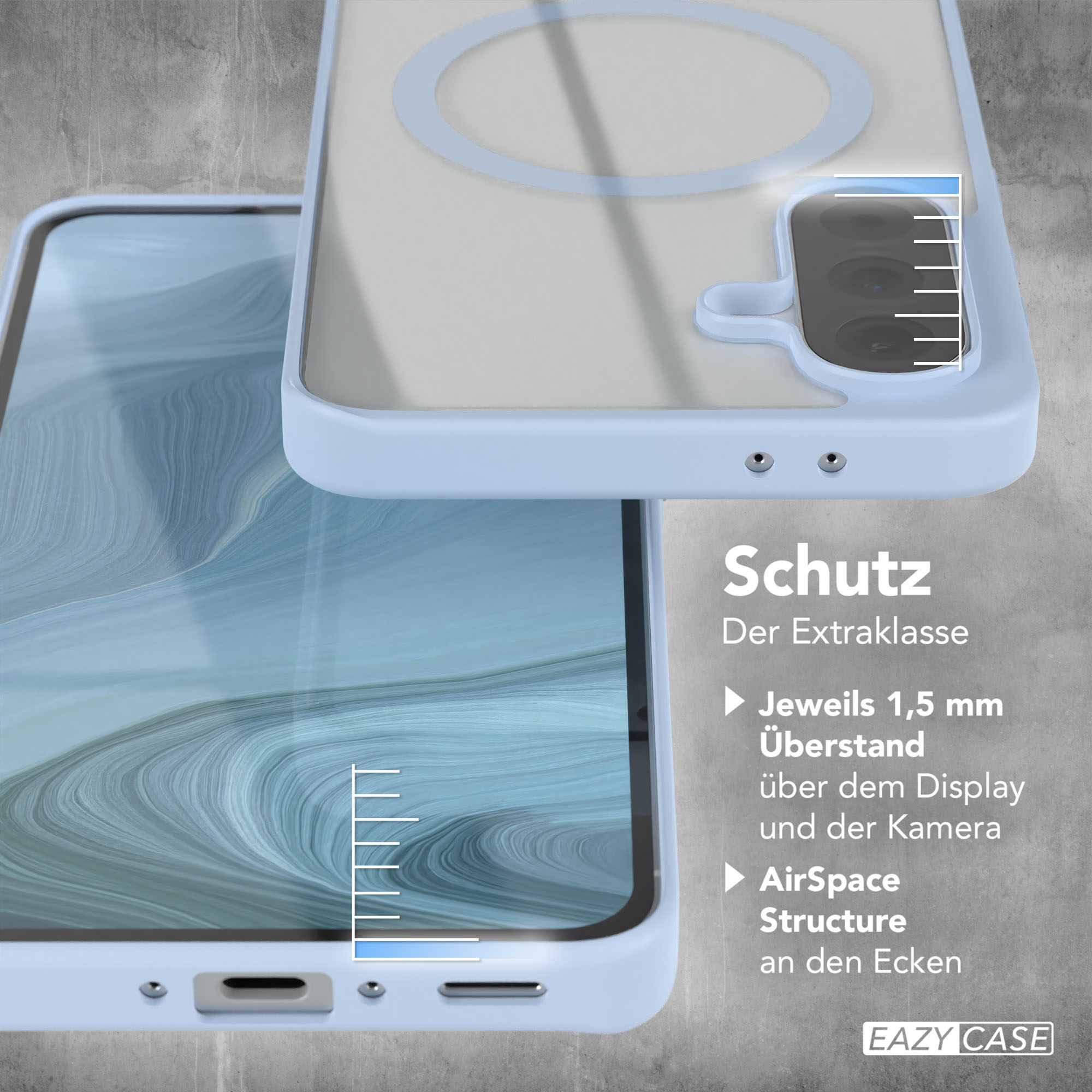Telefonhülle mit Telefon im Inneren, zeigt Messungen und eine Schutzstruktur.