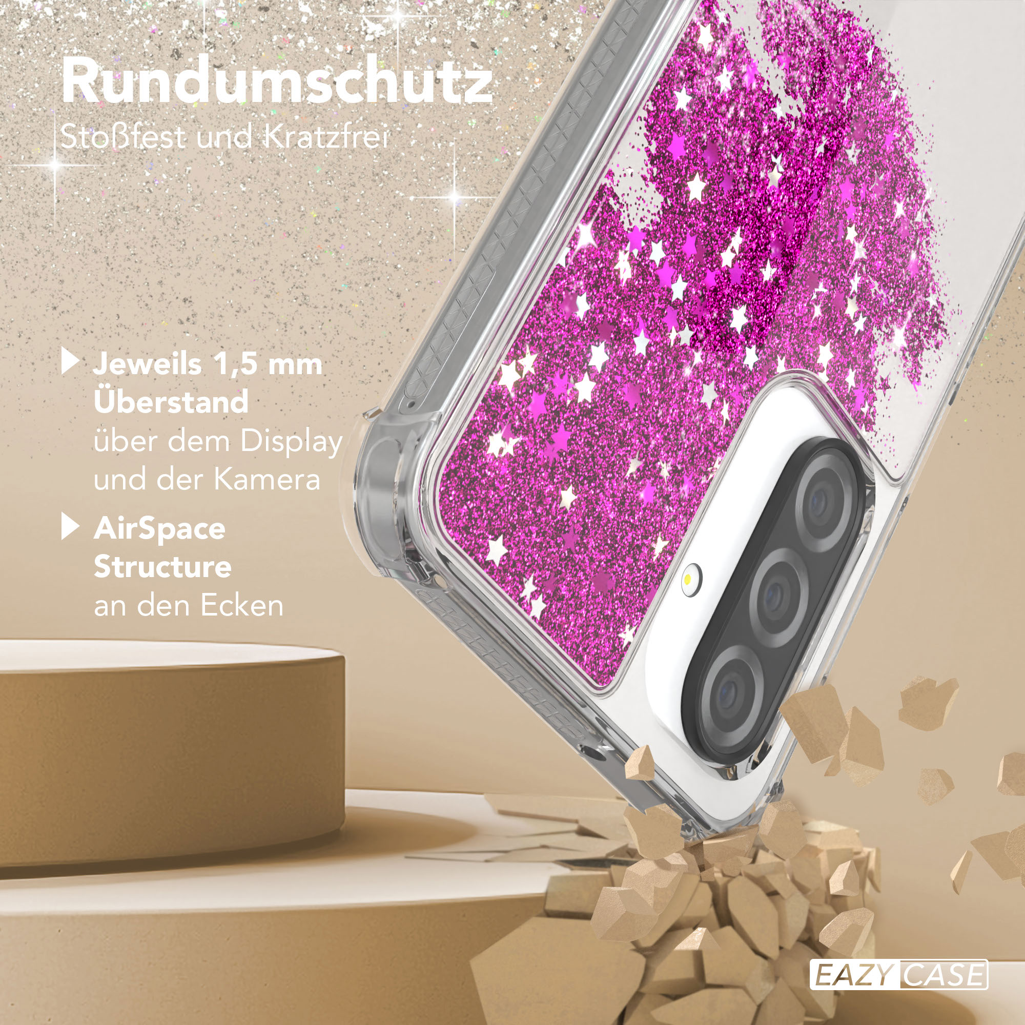Handyhülle mit rosa Glitzer, angewinkelt, mit Schutzeigenschaften.