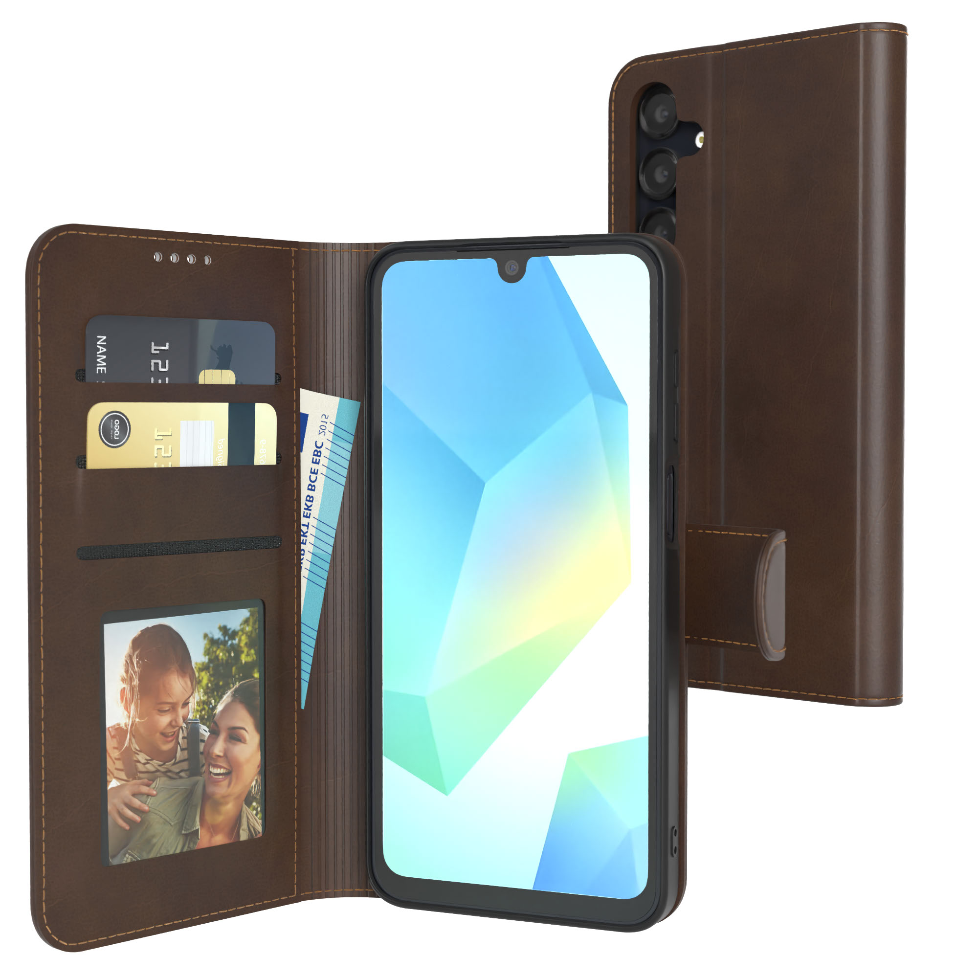 Braune Handyhülle mit Telefon. Hülle hat Kartenfächer und ein Fotofach.