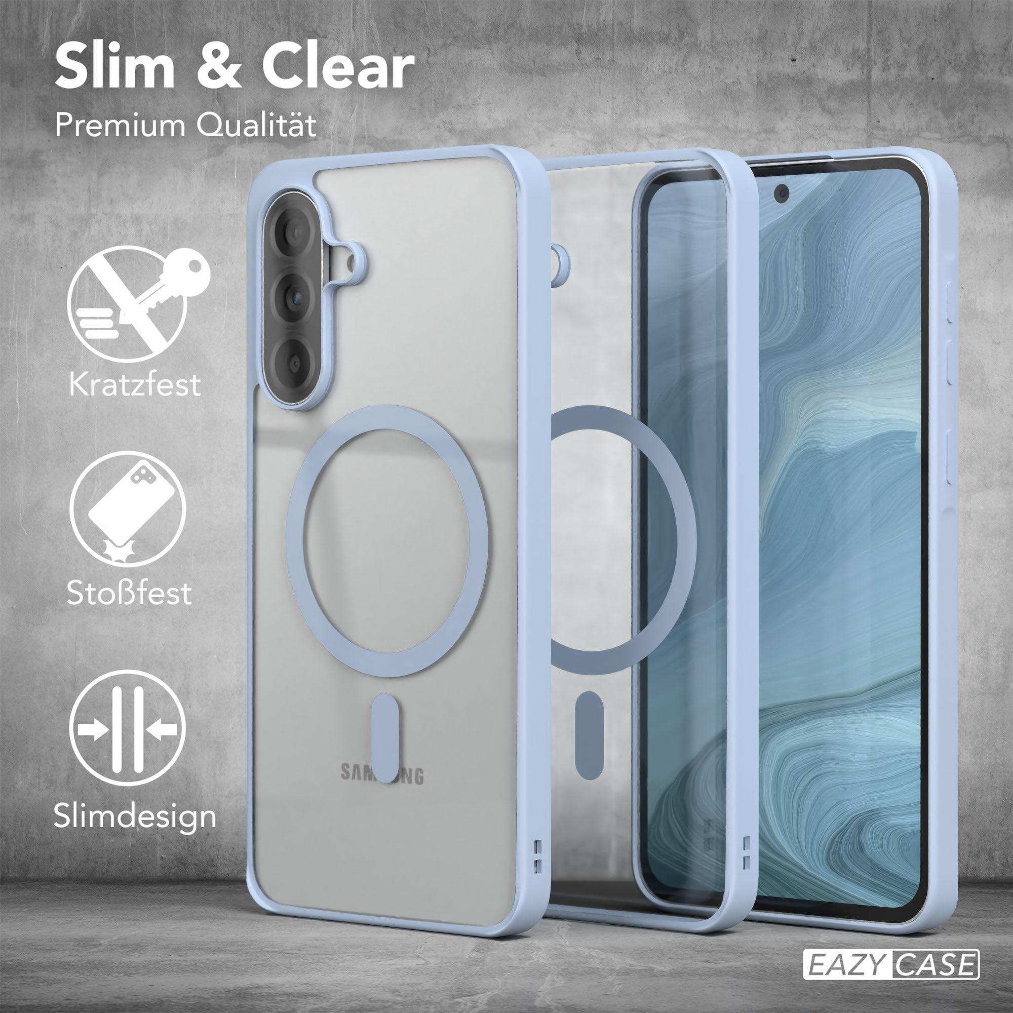 Drei Handyhüllen in einer Reihe. Eine ist transparent, eine ist blau, und eine hat ein Telefon darin.