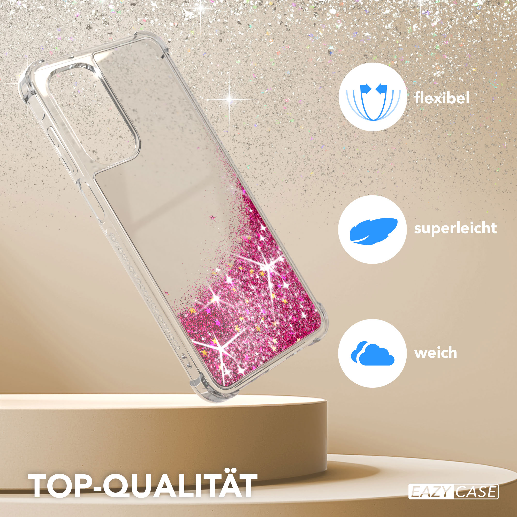 Eine transparente Handyhülle mit rosa Glitzer auf beigem Hintergrund. Sie hat drei Symbole: flexibel, superleicht und weich. Eazy Case Logo.