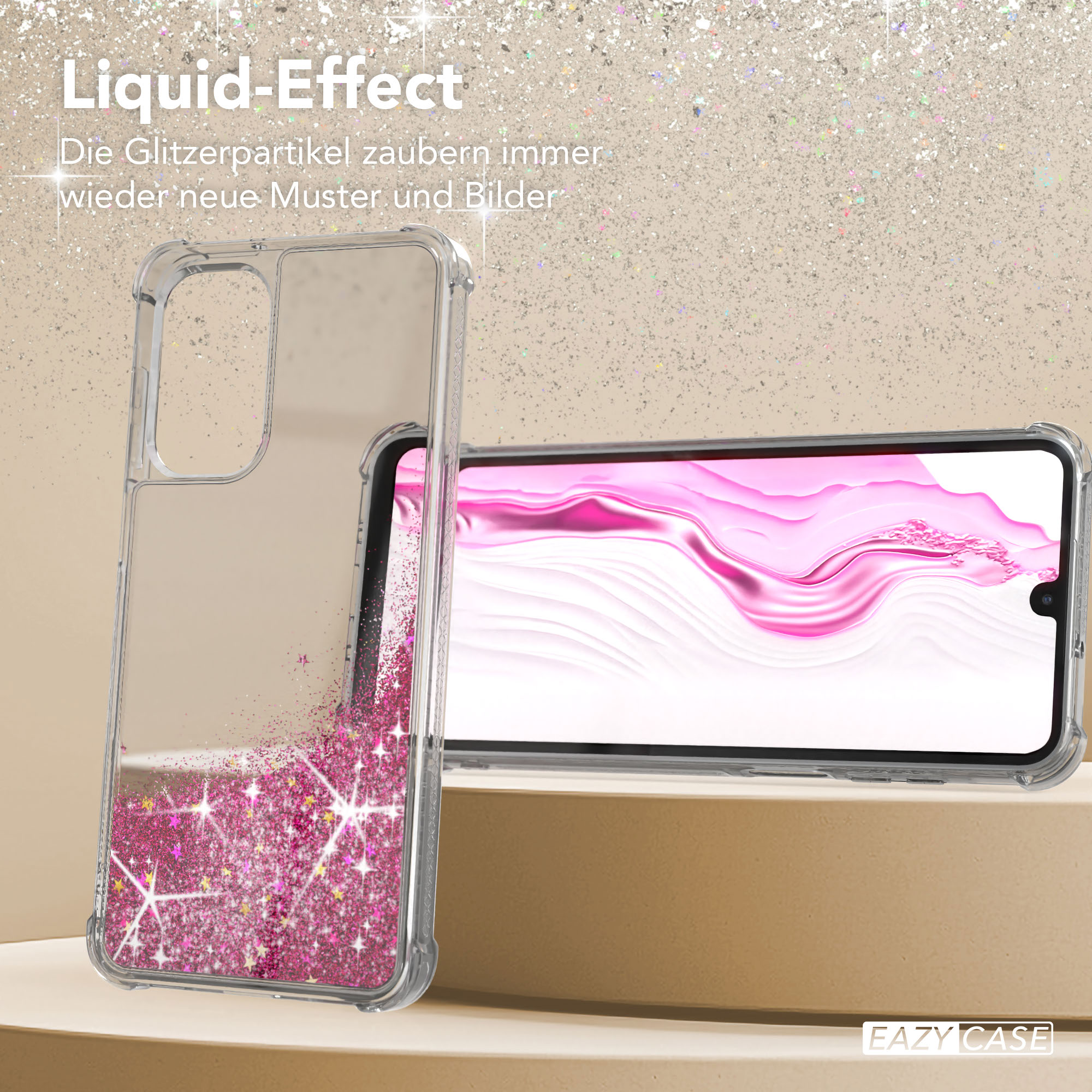 Transparente Handyhülle mit pinkfarbener Glitzerflüssigkeit. Das Telefon steht auf einem Ständer und der Hintergrund ist glitzernd.