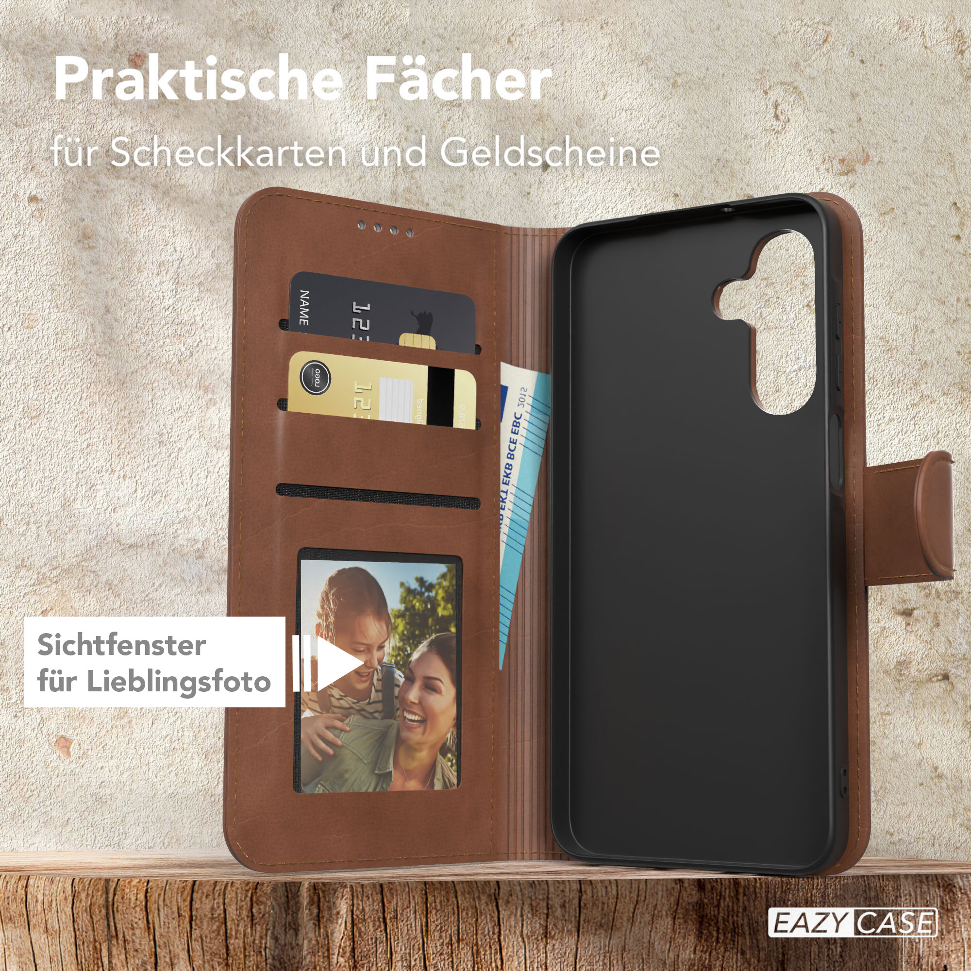 Braune Leder-Handyhülle mit Kartenfächern und Fotofenster, offen. Schwarze Handyhülle rechts.