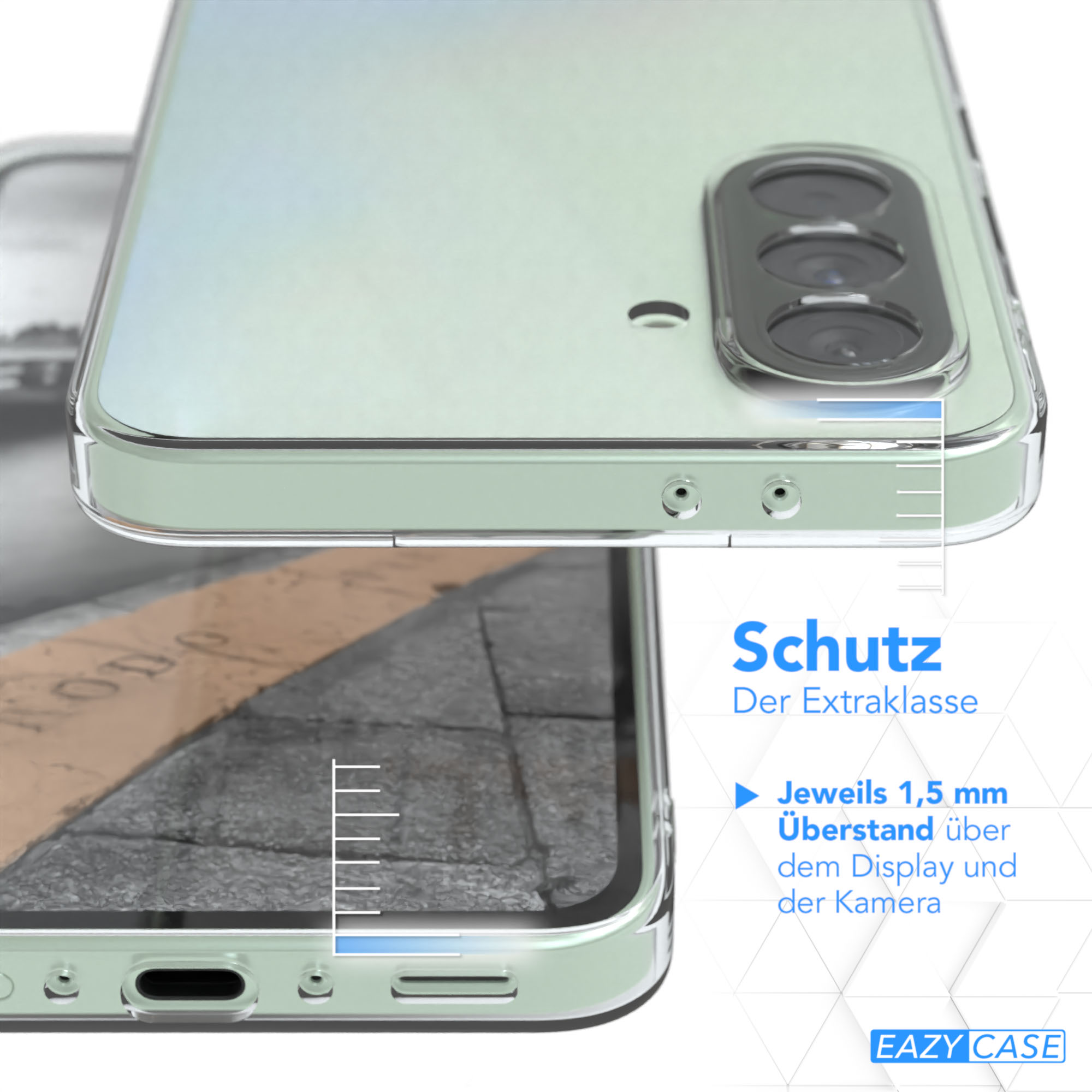 Nahaufnahme einer Handyhülle. Die Hülle ist transparent mit einem mintgrünen Telefon darin.