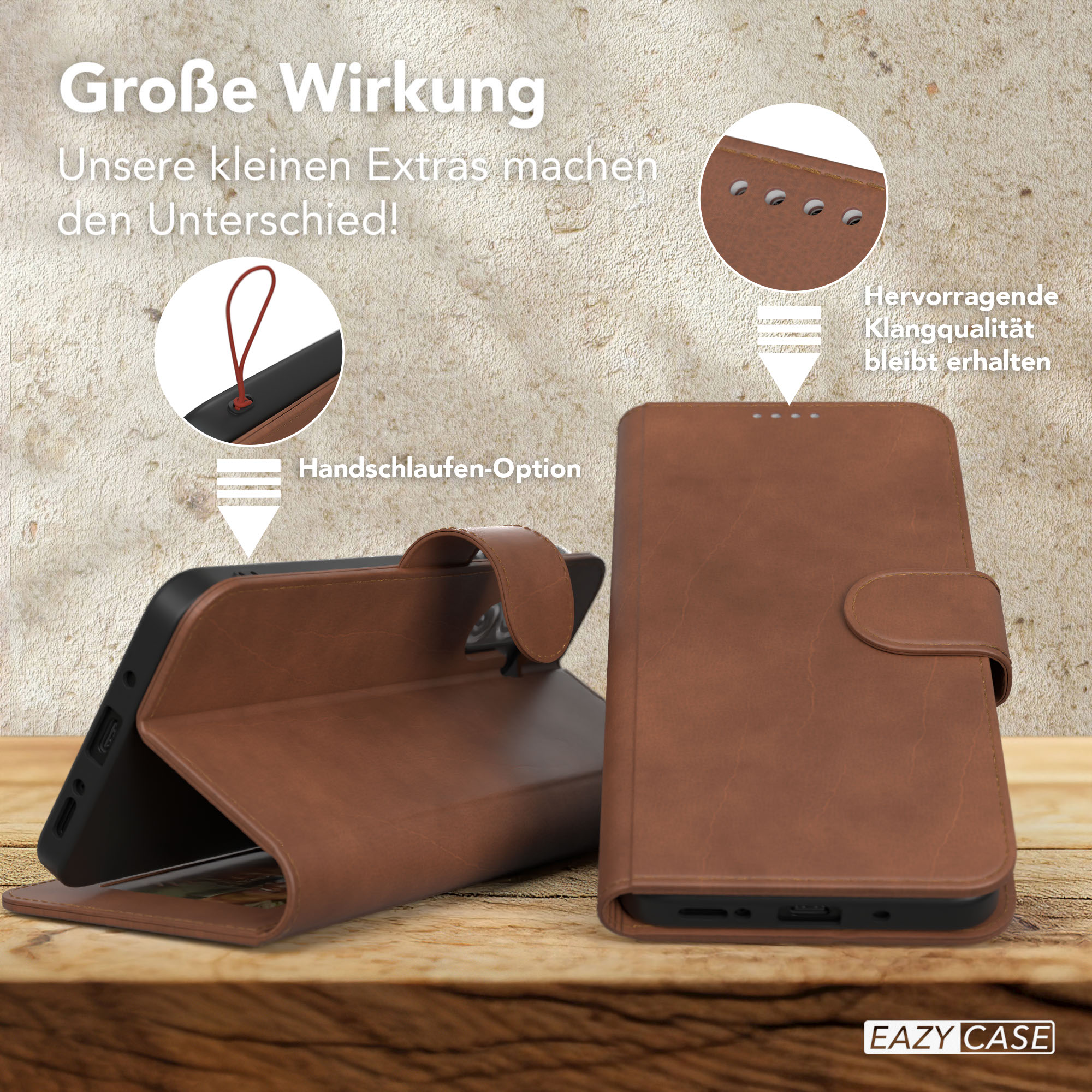 Braune Handyhülle mit Handy, zeigt Handriemen-Option und offene Hülle.