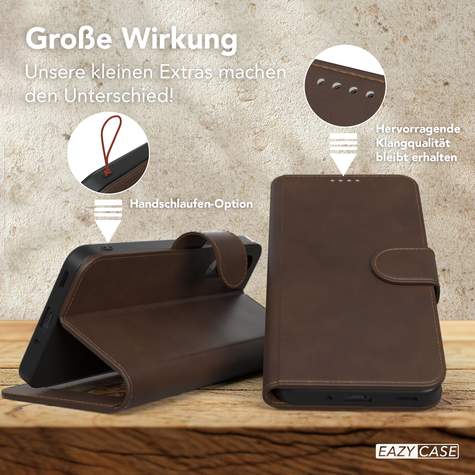 Eine braune Handyhülle, offen mit einem Telefon darin. Details zum Design werden gezeigt.