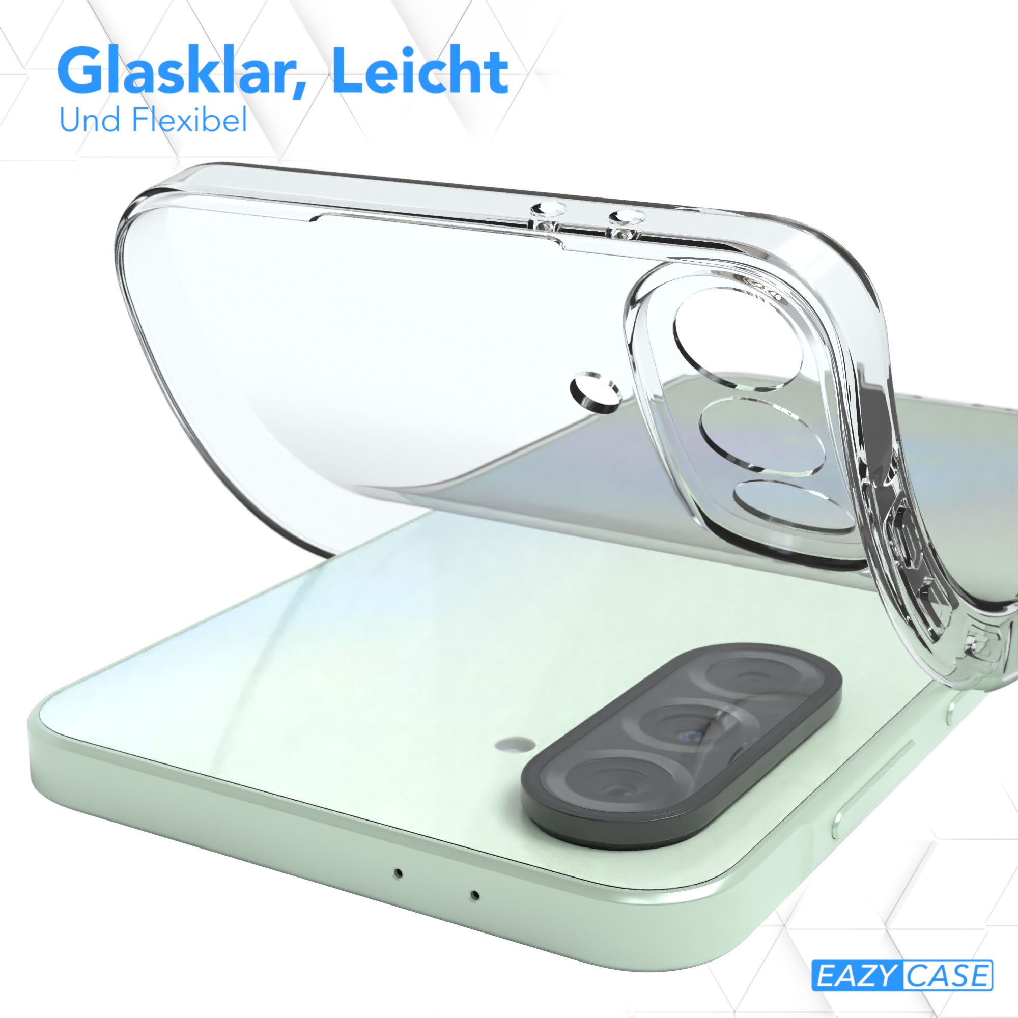 Transparente Handyhülle auf einem Telefon, zeigt Kamera und Schutzdesign.
