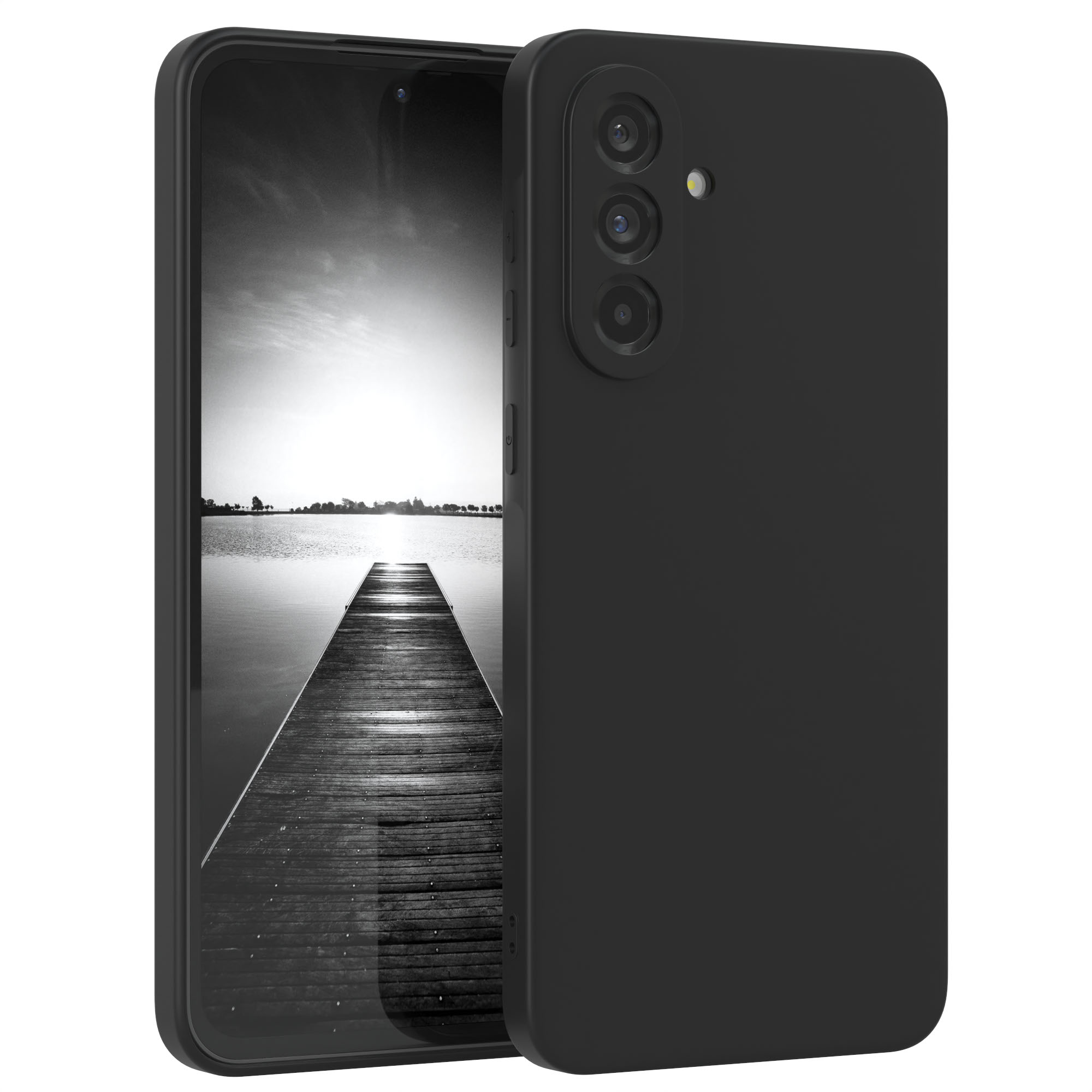 Schwarzes Telefon mit schwarzer Hülle. Die Hülle hat einen Kameraausschnitt.