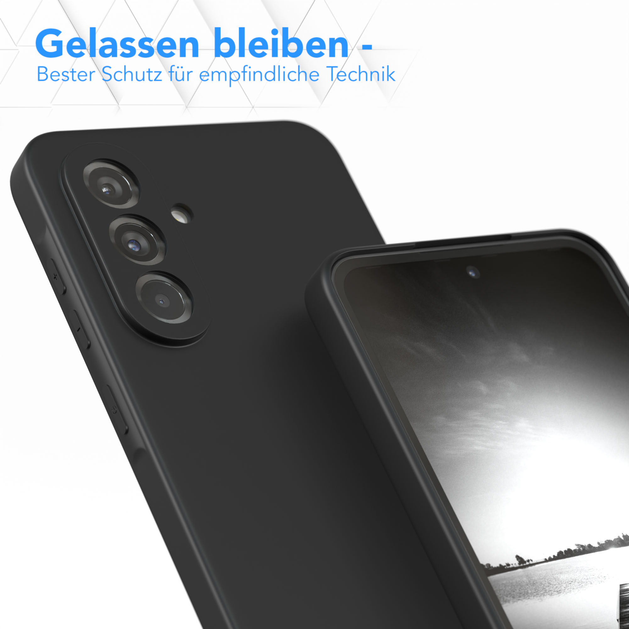 Schwarze Handyhülle mit Telefon, Text: Gelassen bleiben - Bester Schutz.