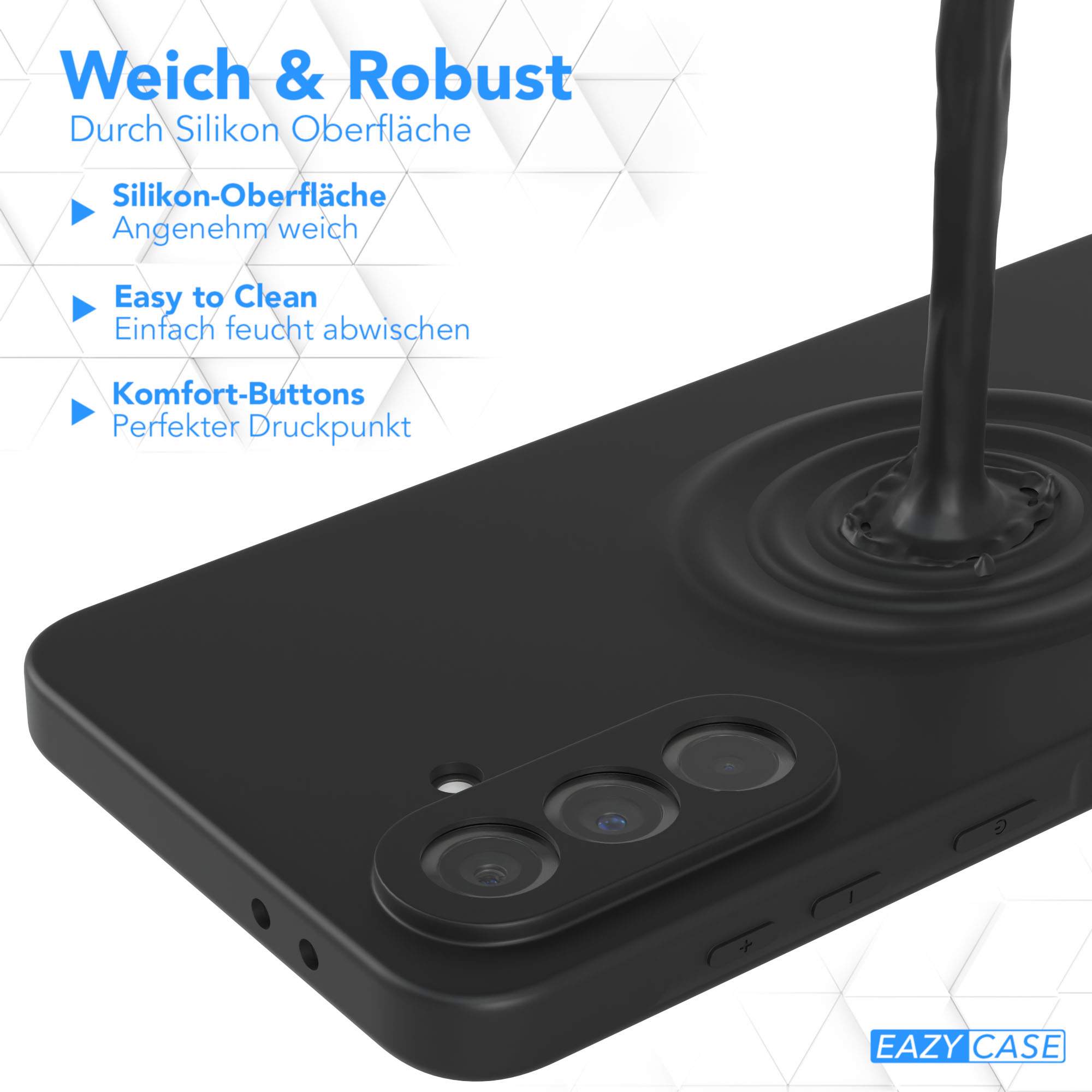 Schwarze Handyhülle mit einem schwarzen Telefon und einem Flüssigkeitsspritzeffekt auf der Rückseite.