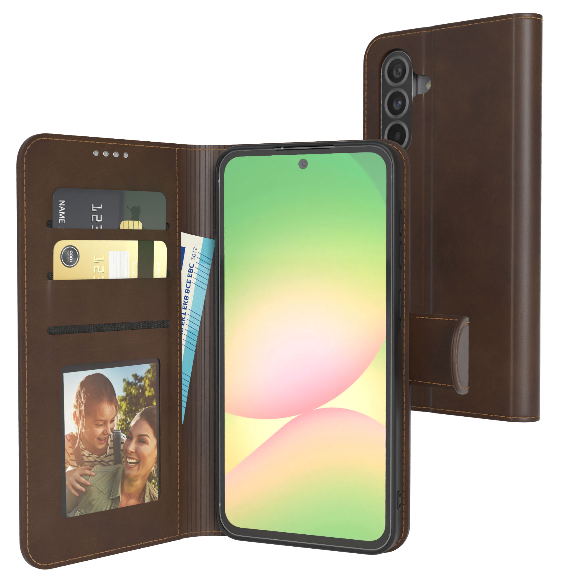 Braune Brieftaschen-Handyhülle. Innen Kartenfächer, Geld und ein Bild. Das Telefon ist darin.