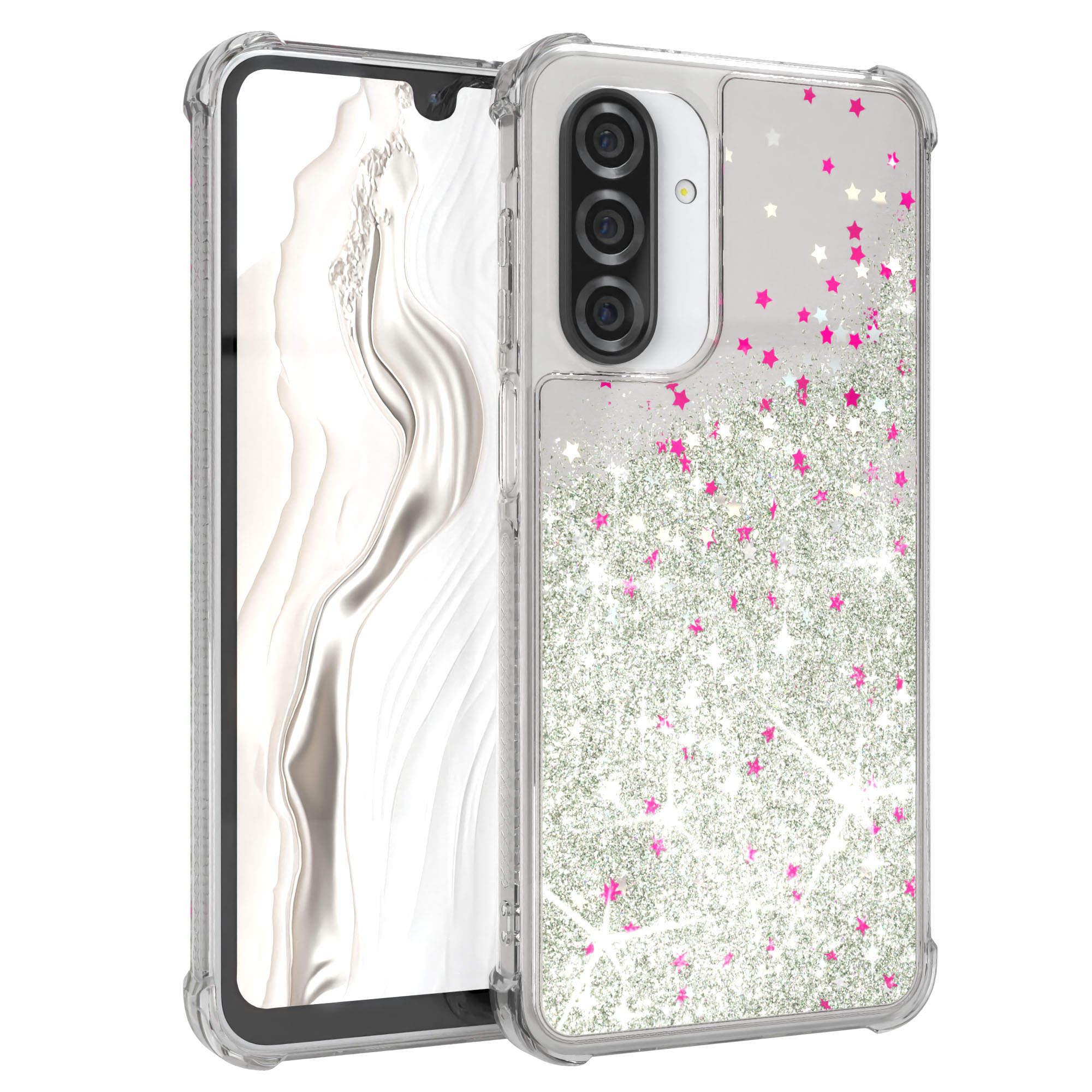 Handyhülle mit Glitzer. Transparente Hülle mit silbernem und pinkfarbenem Glitzer. Drei Kameras.