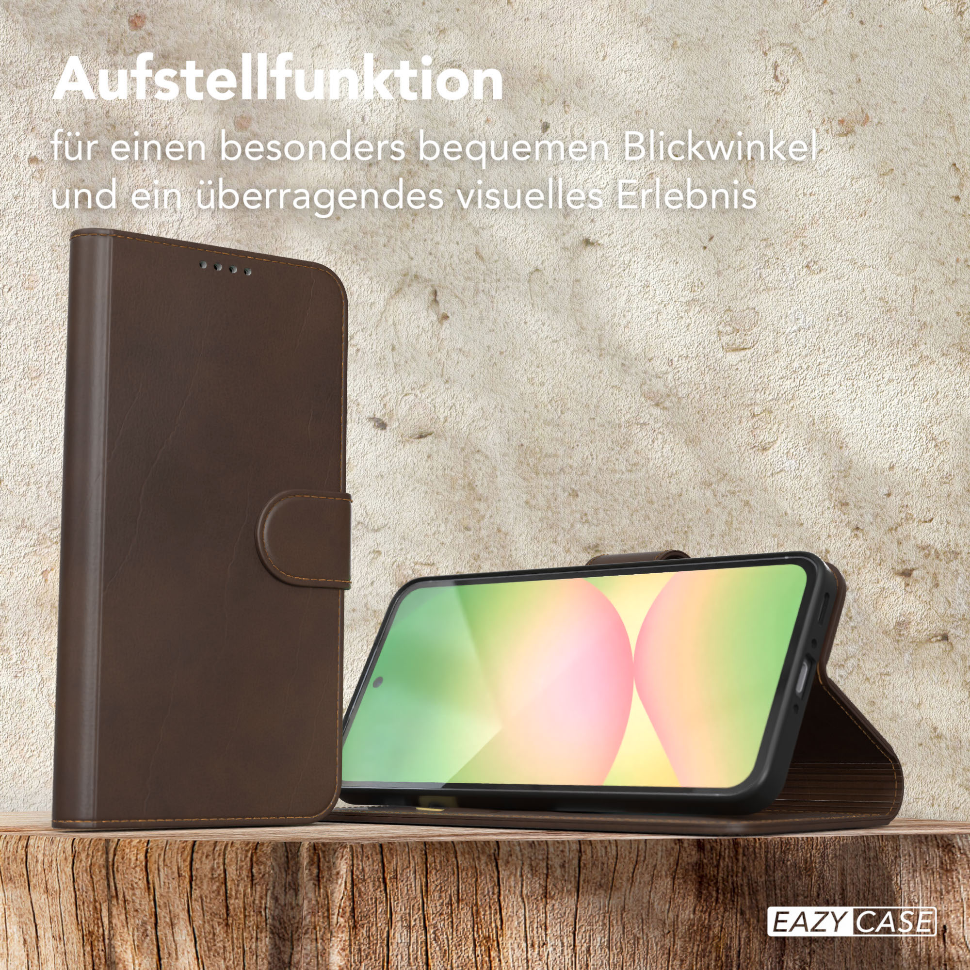 Braune Leder-Handyhülle, offen. Zeigt ein Telefon im Inneren, das aufrecht steht.