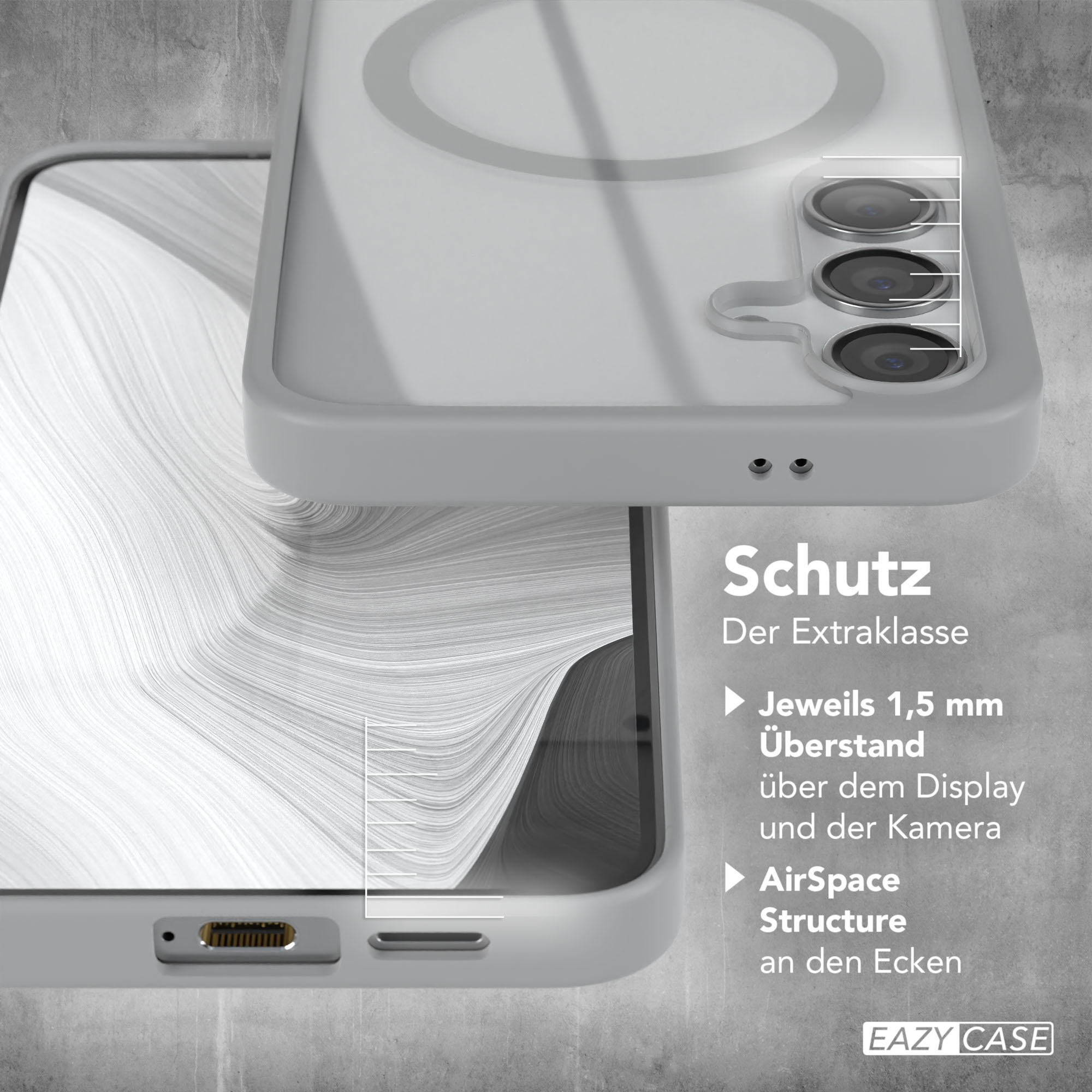 Nahaufnahme einer Handyhülle mit erhöhtem Kameraschutz. Text: „Schutz Der Extraklasse“ und Details.