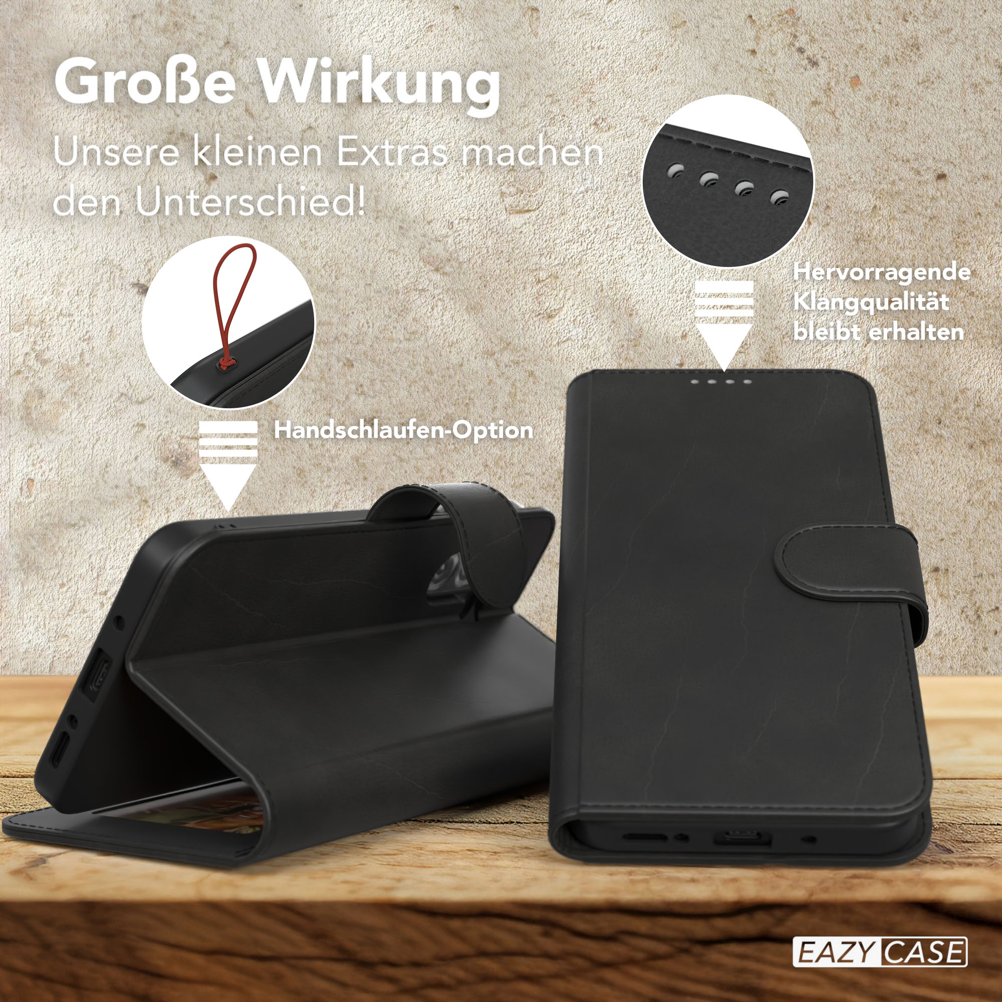 Schwarze Handyhülle mit rotem, strukturiertem Abschnitt, mit Nahaufnahme des Designs.