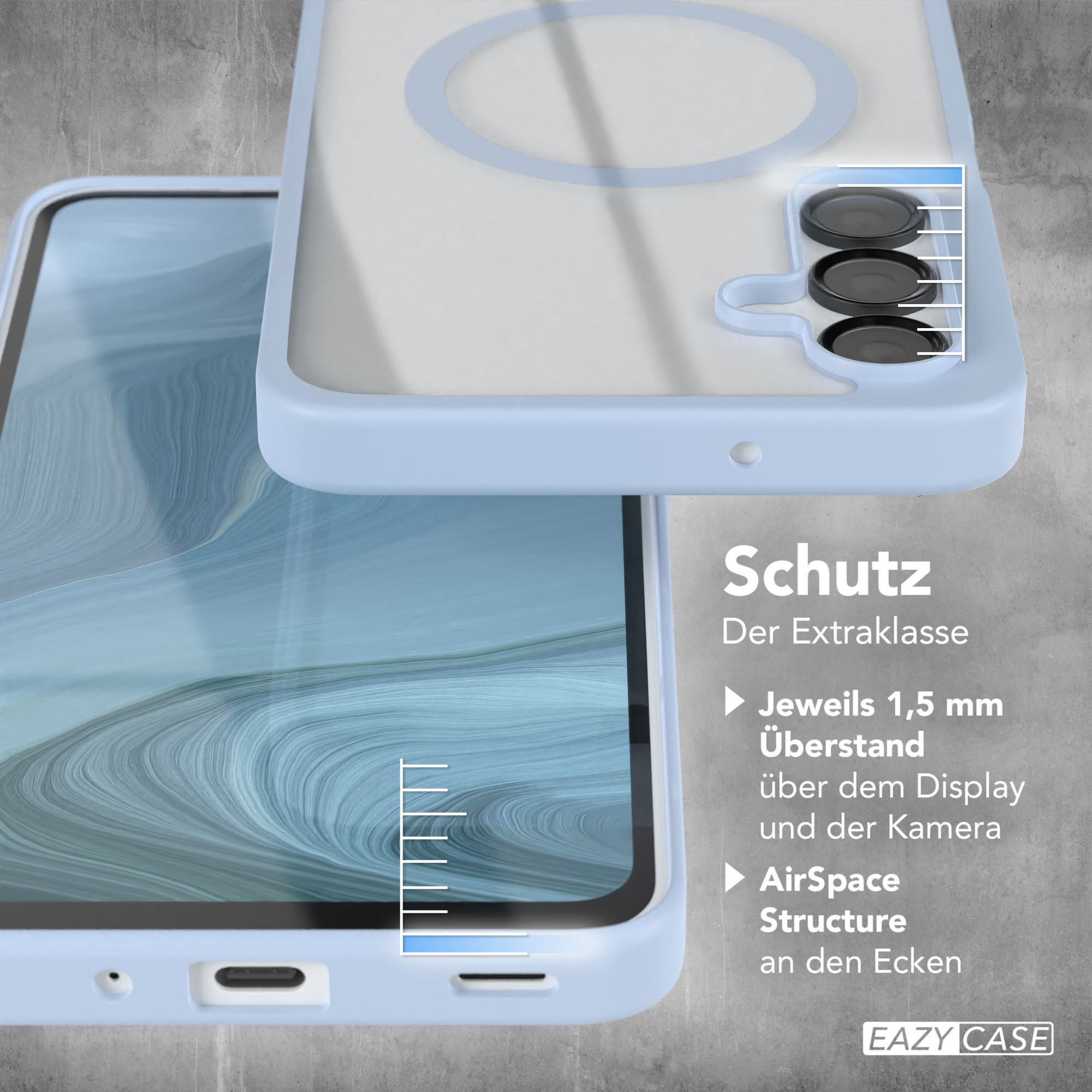 Zwei Telefone in Hüllen. Eines hat eine transparente Hülle, das andere ist blau, mit Text über den Schutz und 1,5 mm Abdeckung.