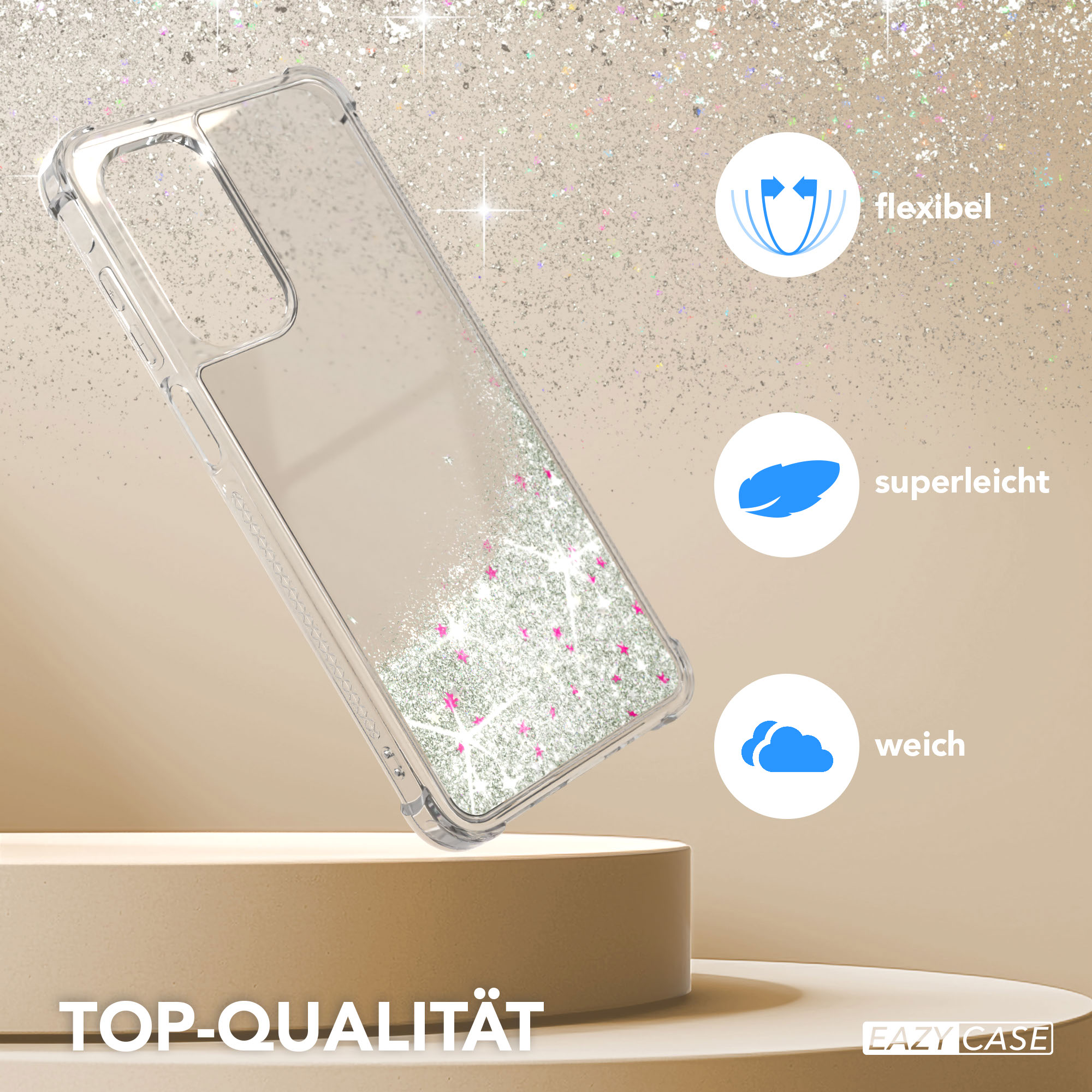 Klare Handyhülle mit Glitzer. Text besagt: flexibel, superleicht und weich, mit einem Top-Qualitätslabel.
